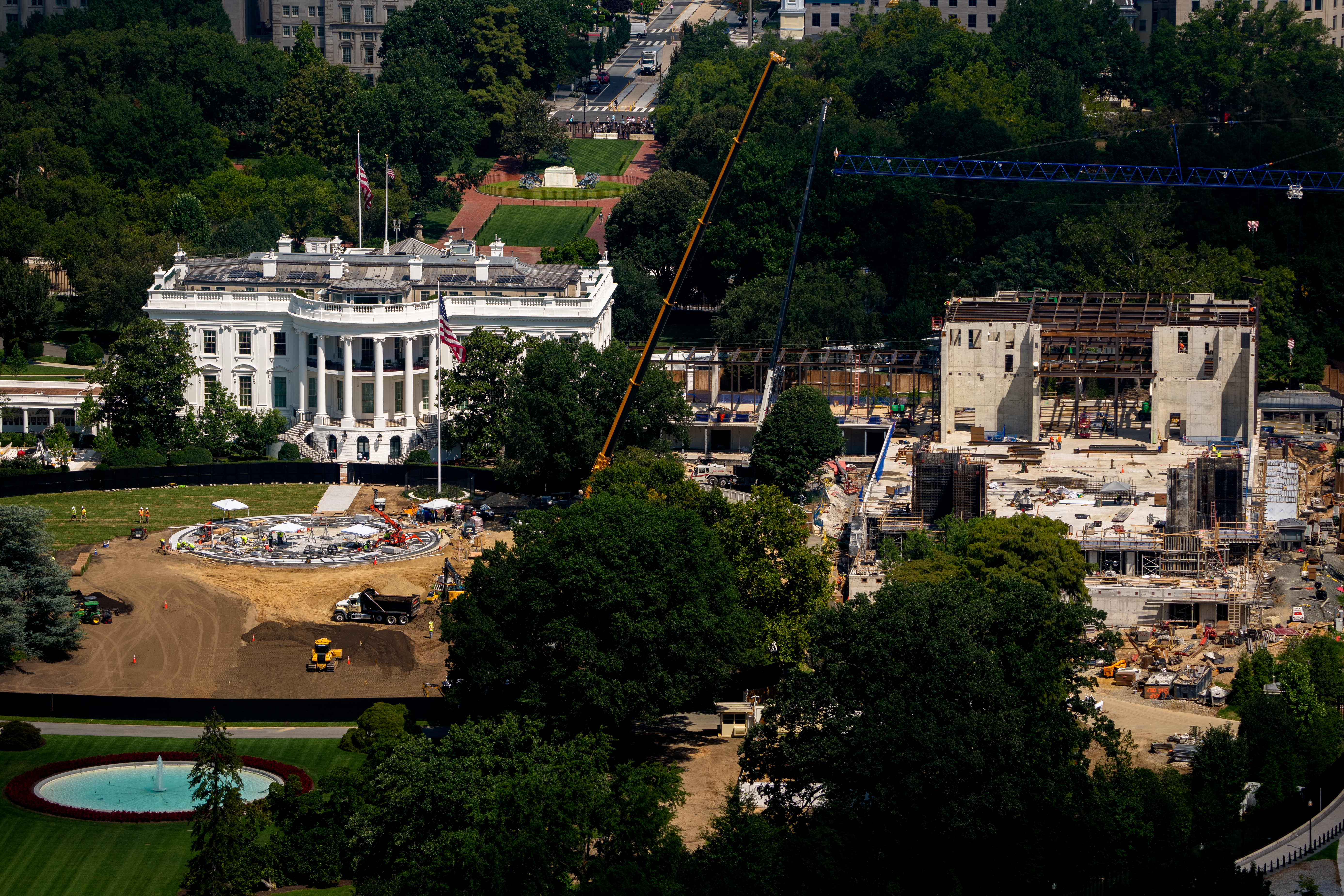 Construction progresses on the White House's ballroom and helipad on Monday. (Andrew Harnik/Getty Images)