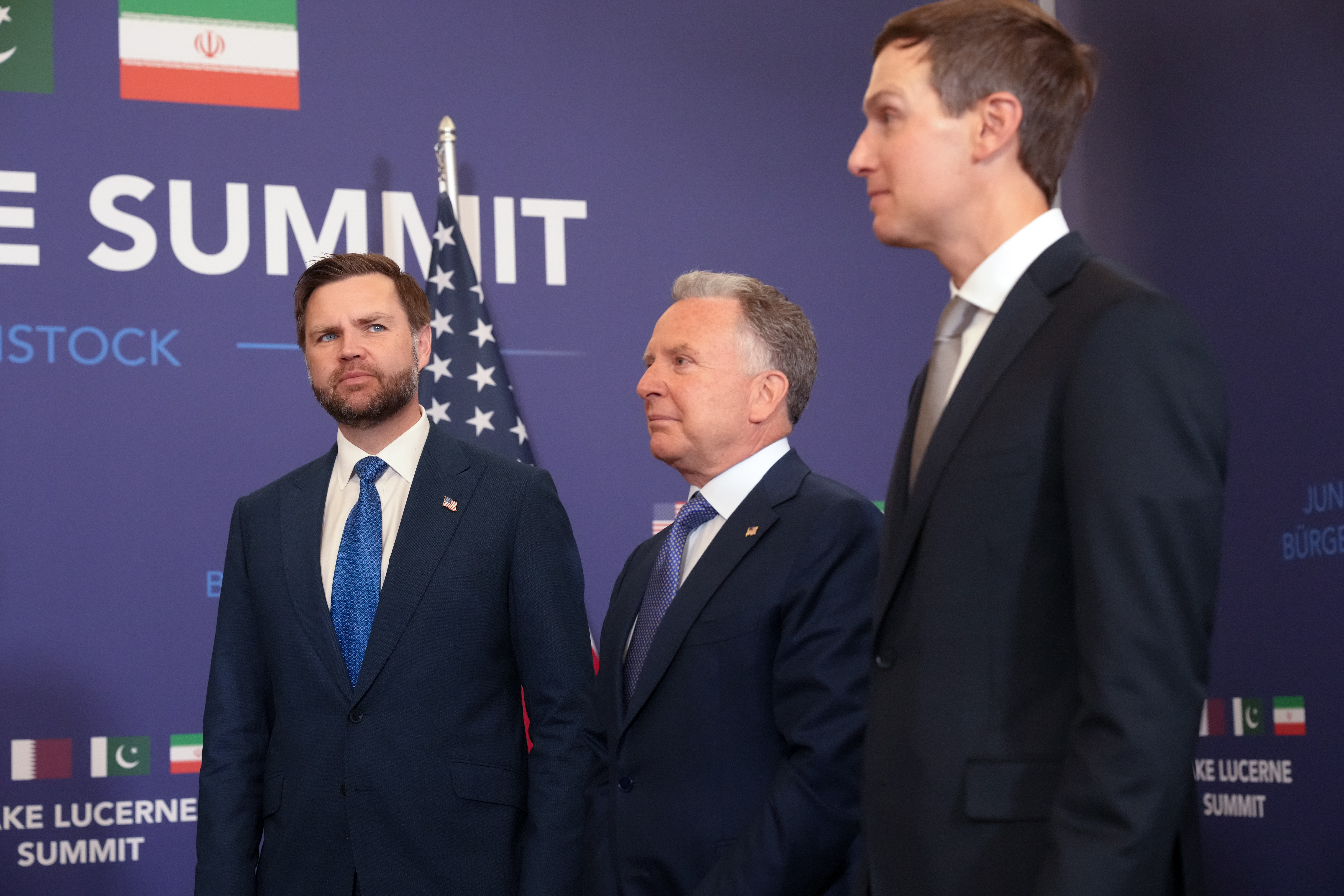 Vice President JD Vance, left, and envoys Steve Witkoff and Jared Kushner in Switzerland ahead of talks Sunday. (Nathan Howard/Reuters/AP)