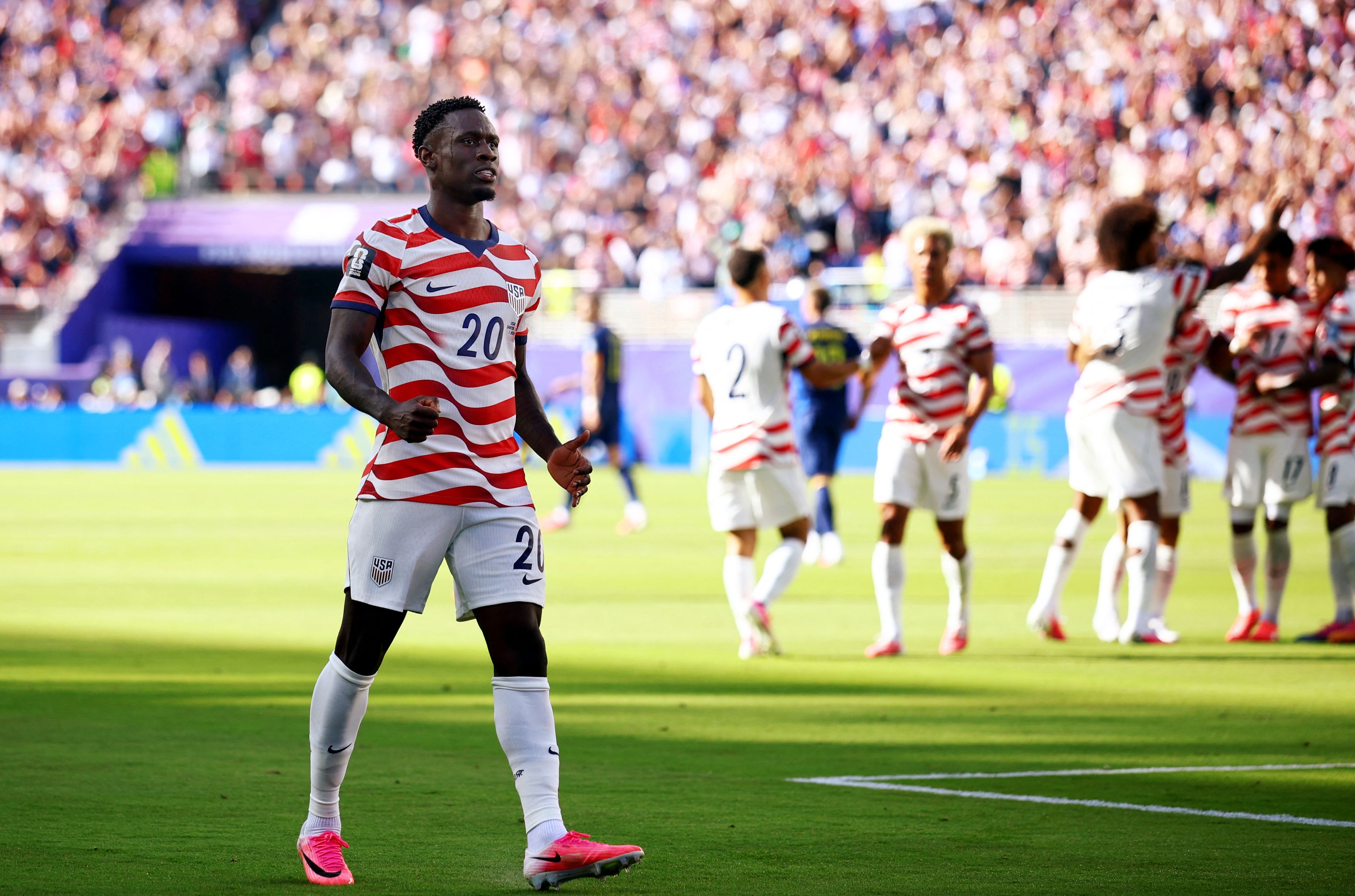 Folarin Balogun celebrates after scoring in California. (Phil Noble/Reuters)