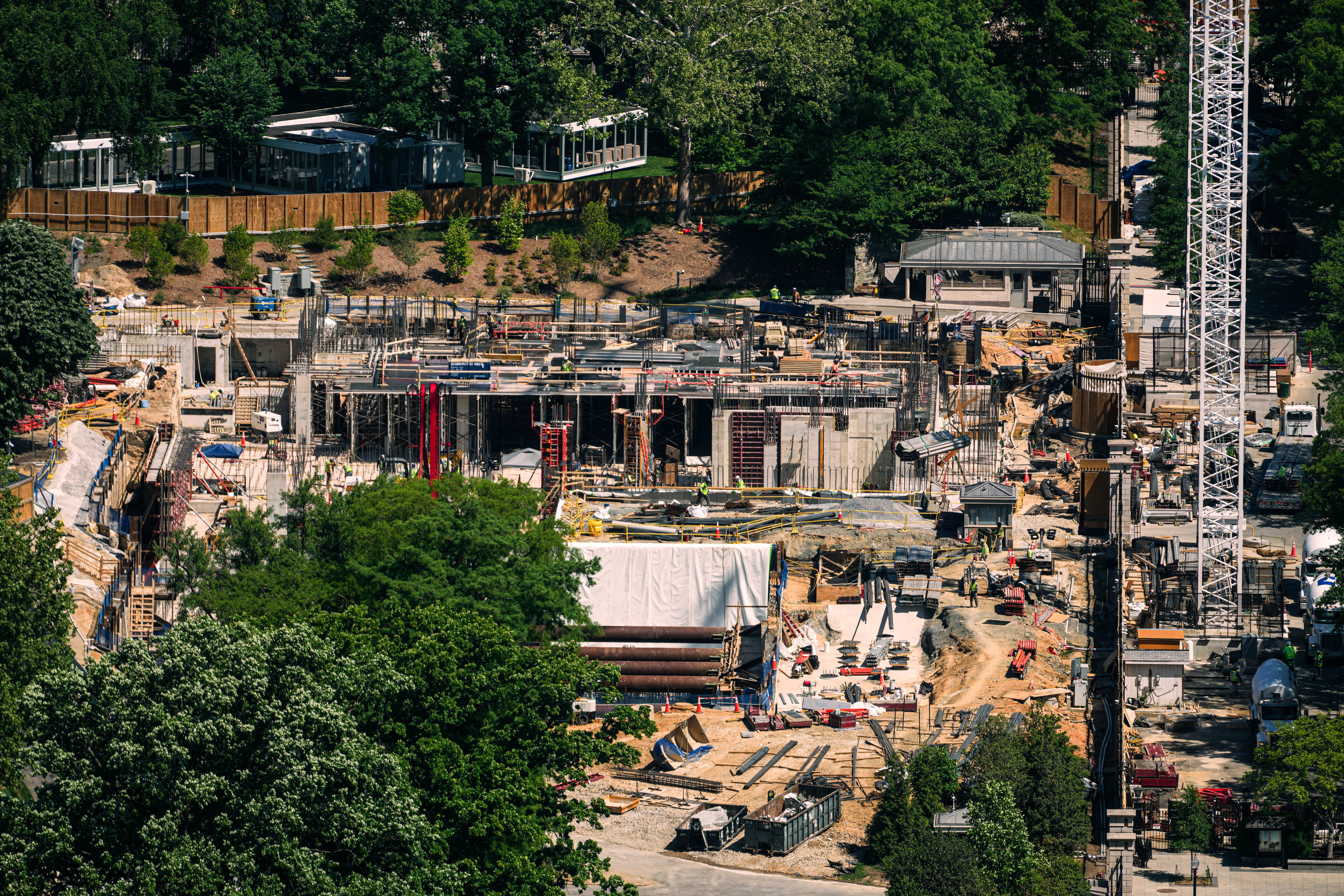 Construction on the new White House ballroom is seen on May 5. (Julia Demaree Nikhinson/AP)