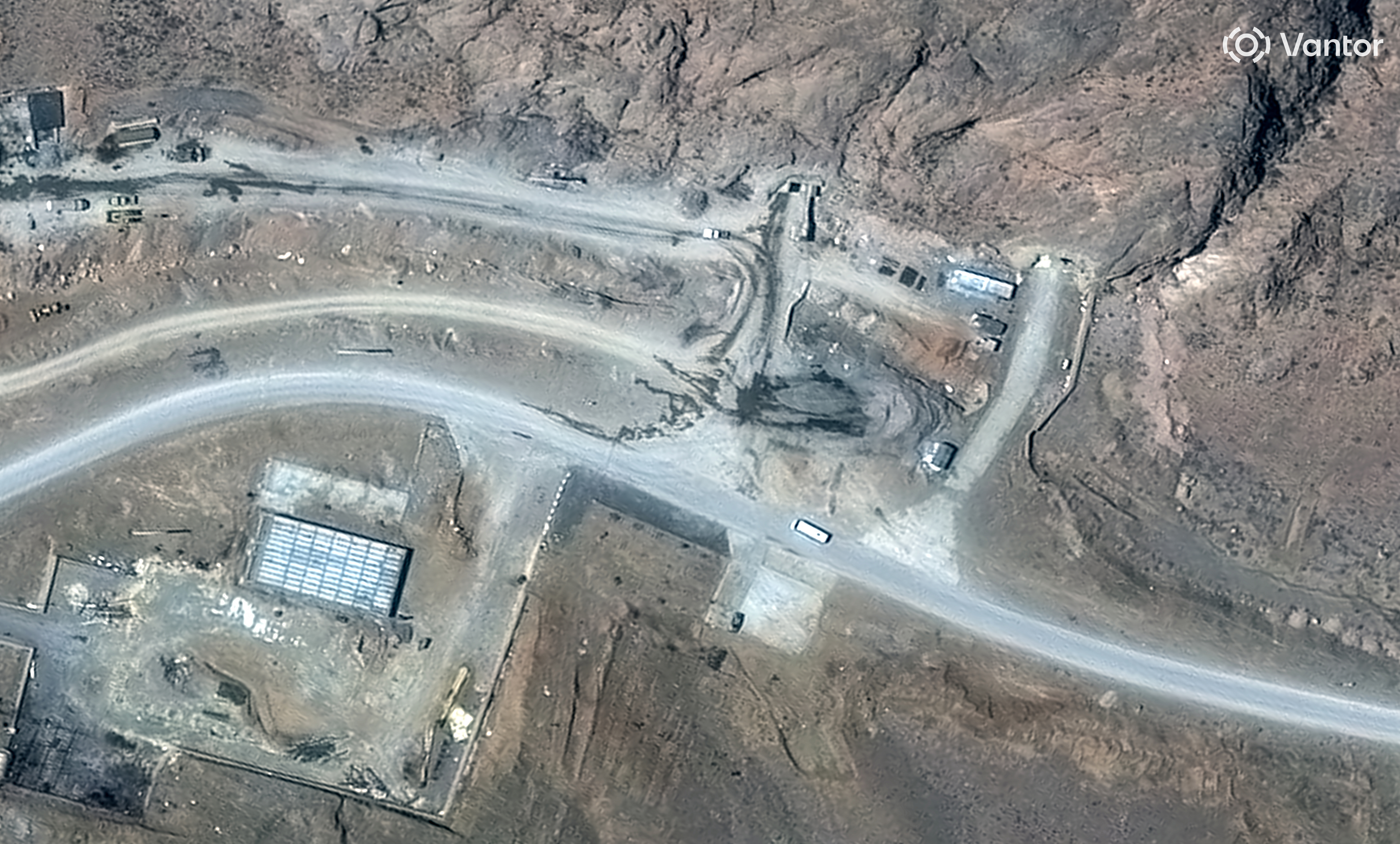 This satellite image shows tunnel entrances at the Isfahan missile complex in central Iran on Feb. 27. (Satellite image copyright 2026 Vantor/AFP/Getty Images)