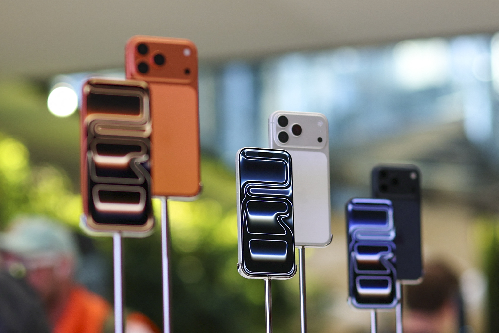 Apple iPhone 17 models on display at an Apple Store in New York in September. (Angela Weiss/AFP/Getty Images)