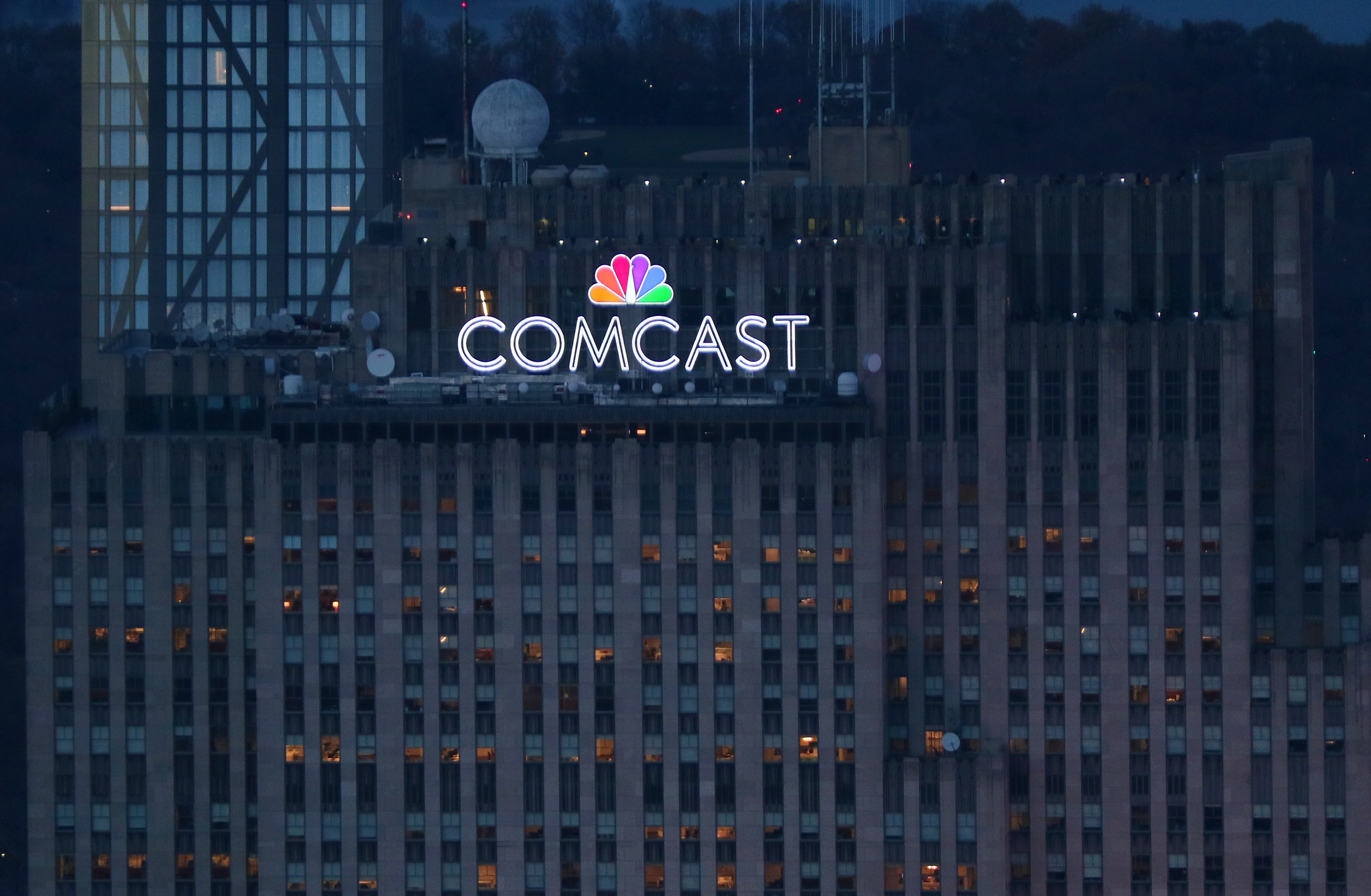 The NBC Comcast logo at Rockefeller Center in New York. (Gary Hershorn/Getty Images)