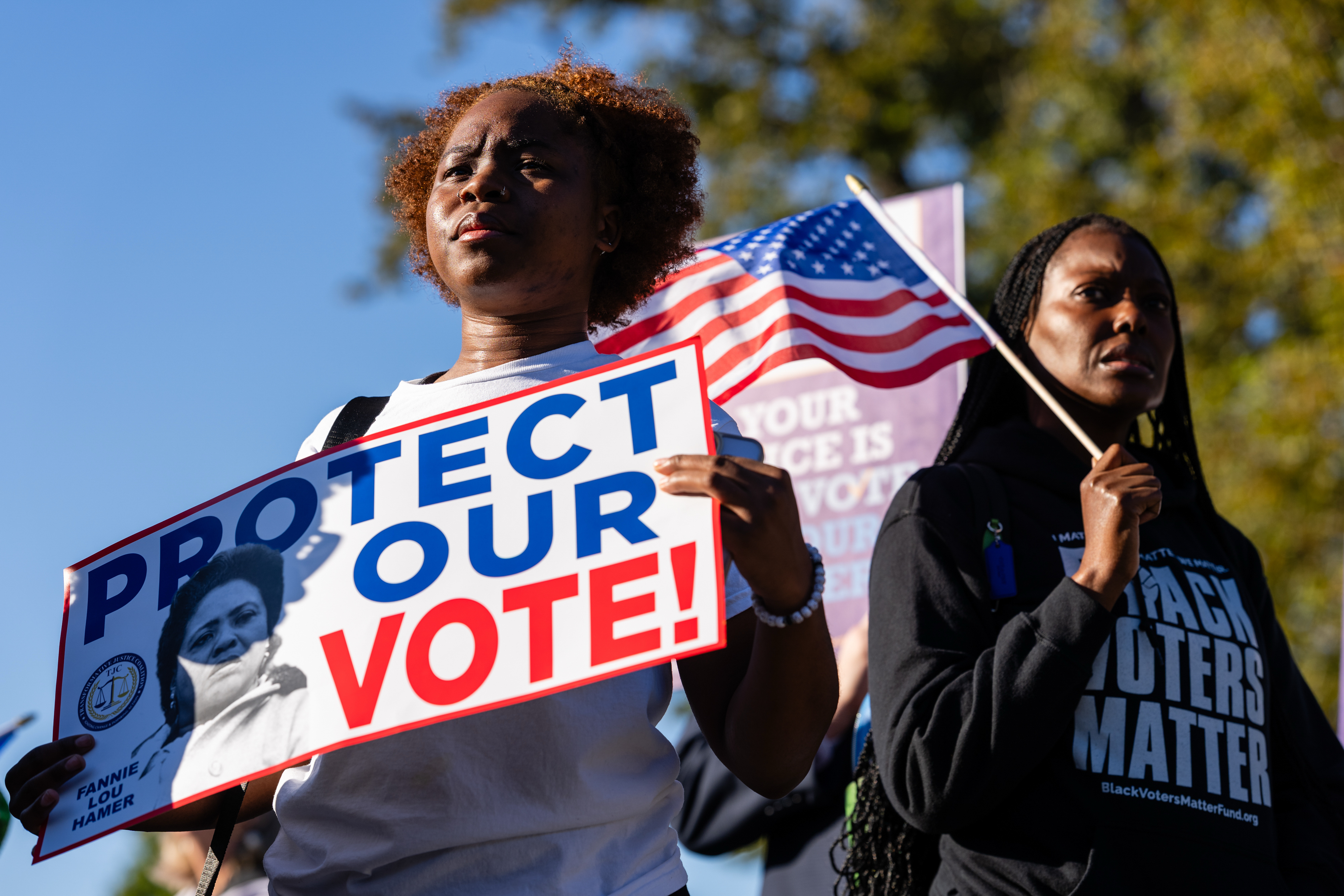 Demonstrators outside the Supreme Court in October 2025 after conservative justices suggested they would restrict the creation of majority-Black and majority-Hispanic voting districts. (Eric Lee/Bloomberg News/Getty Images)