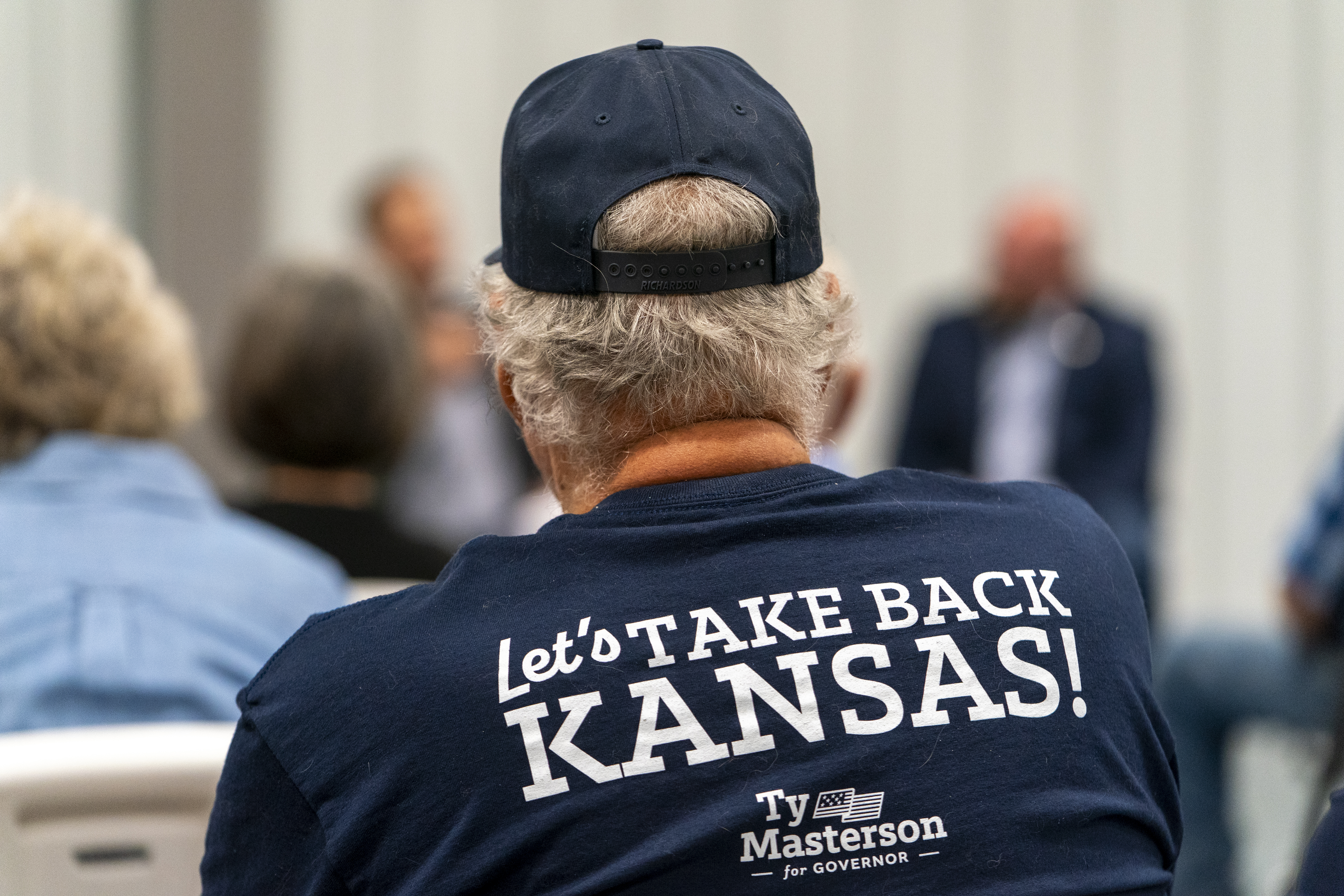 An attendee at an event encouraging voters to approve SCR 1611 in Newton, Kansas, on July 16. (Nick Oxford/For The Washington Post)