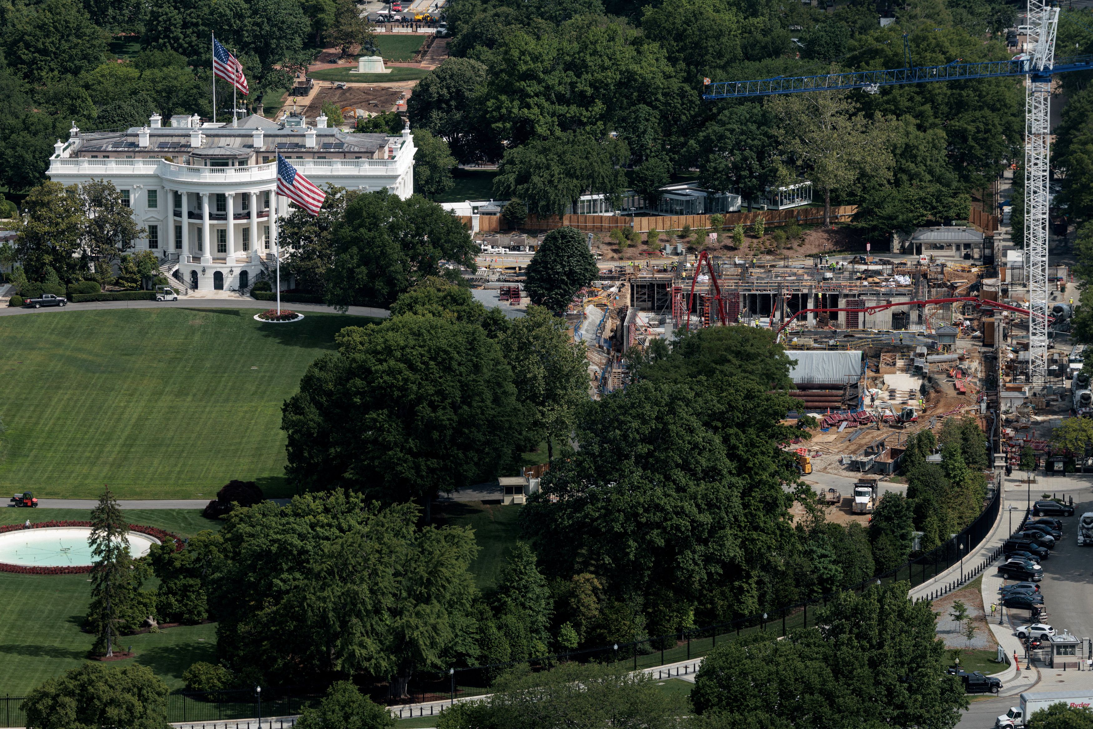Construction continues this month on the planned White House ballroom in the area of the former East Wing. (Evelyn Hockstein/Reuters)