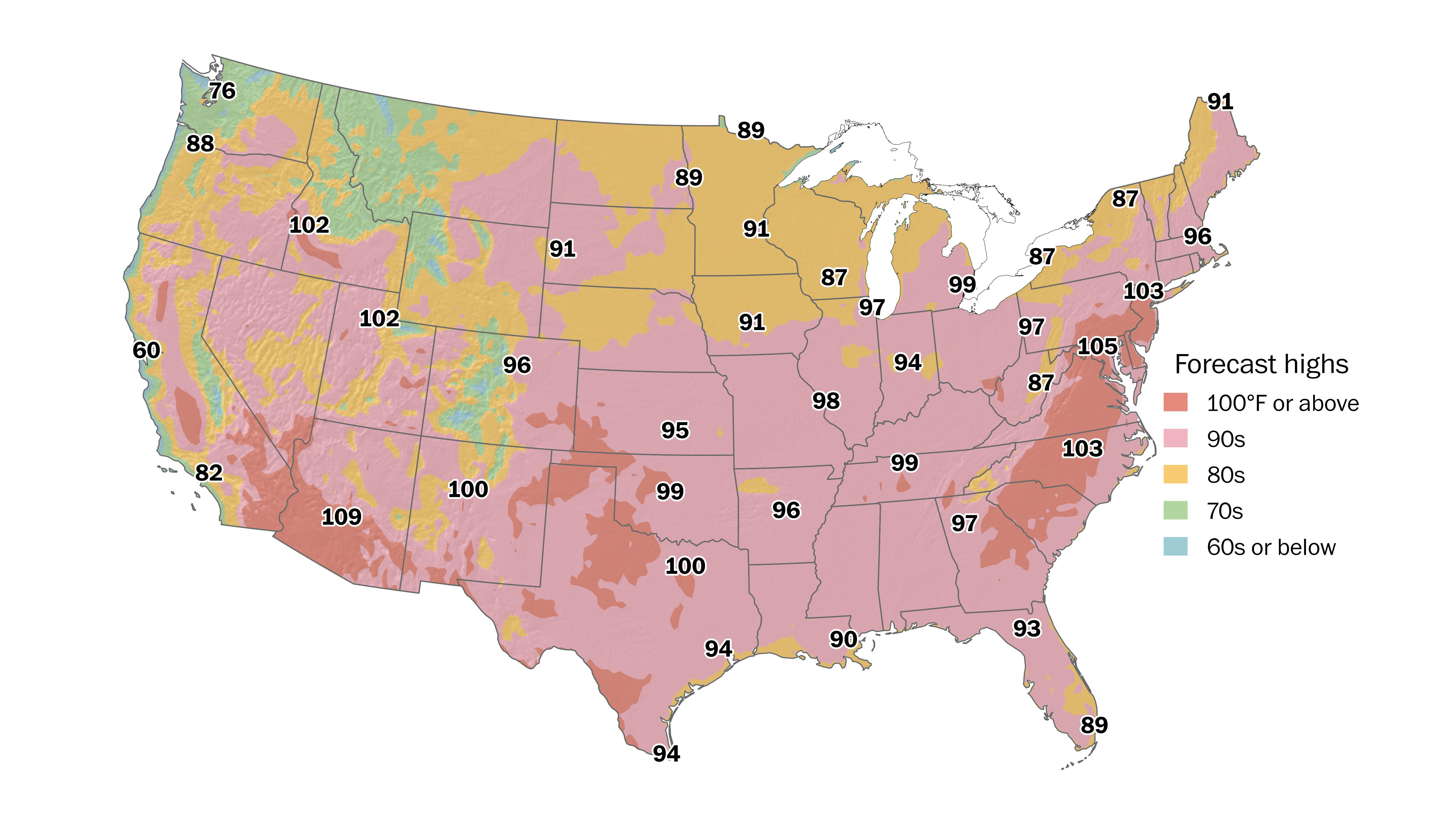 Around 65 million Americans are forecast to experience 100-degree heat through Monday. (Ben Noll/The Post; ECMWF)