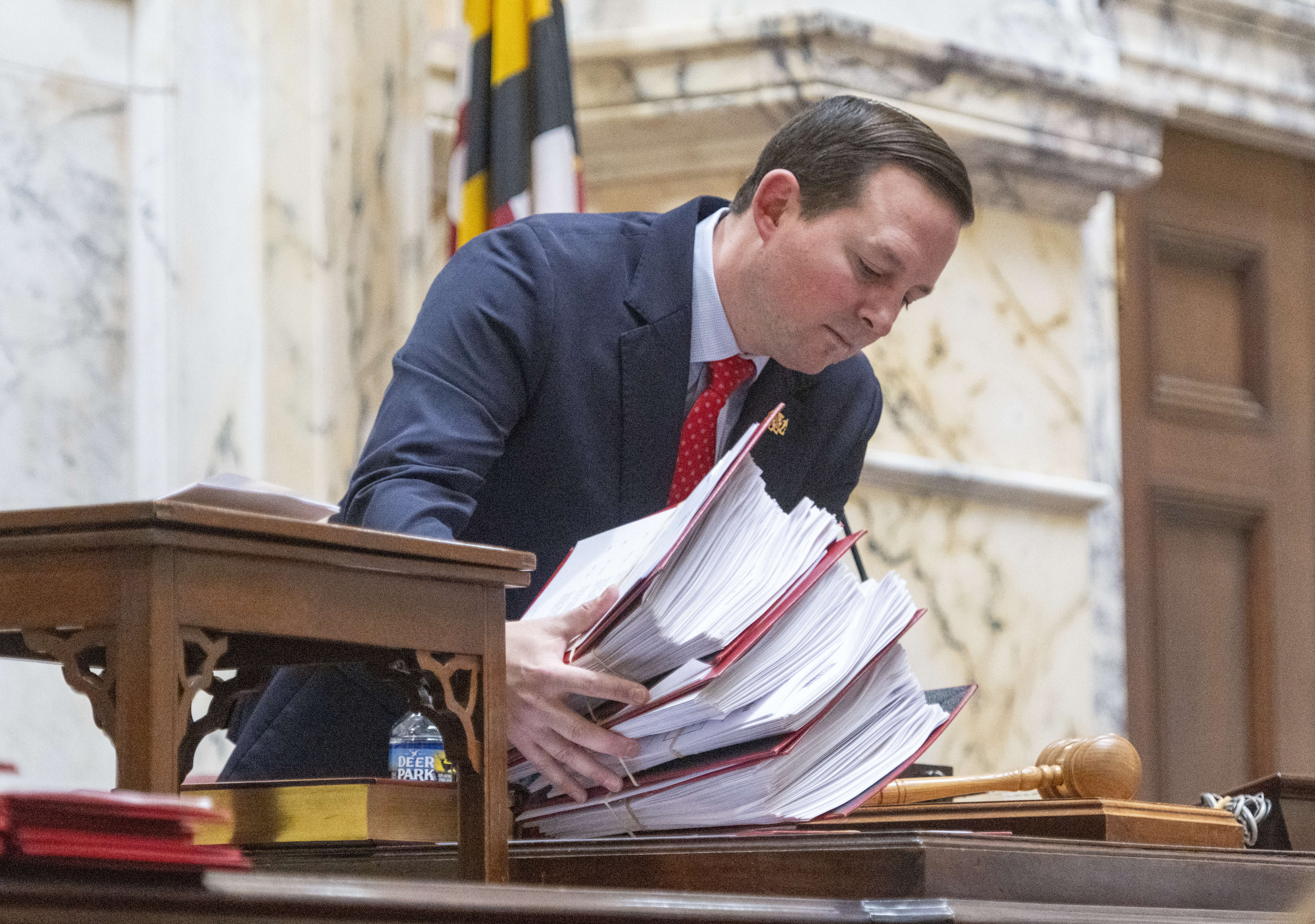 Maryland Senate President Bill Ferguson (D) looks through papers as state lawmakers convene for a new legislative session on Jan. 8, 2025. (Jonathan Newton/for The Washington Post)