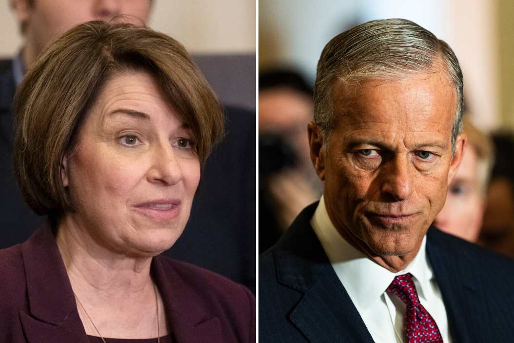 Sens. Amy Klobuchar (D-Minnesota) and John Thune (R-South Dakota) are among lawmakers working on legislation that would seek to provide oversight of AI technology. (Marvin Joseph/The Washington Post; Demetrius Freeman/The Washington Post)