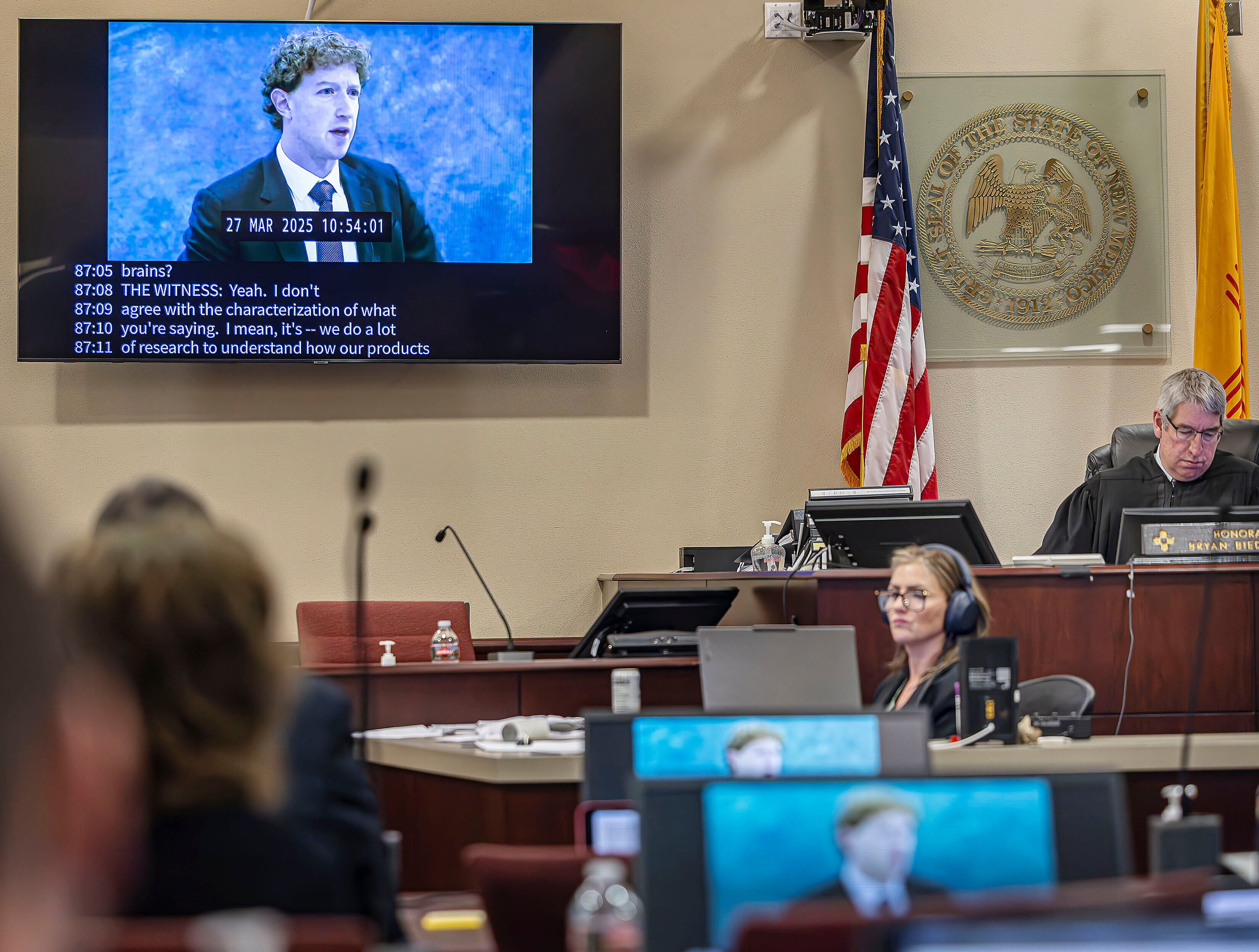 A recording of Mark Zuckerberg's deposition is played for jurors this month in Santa Fe. (Jim Weber/Santa Fe New Mexican/Pool/AP)