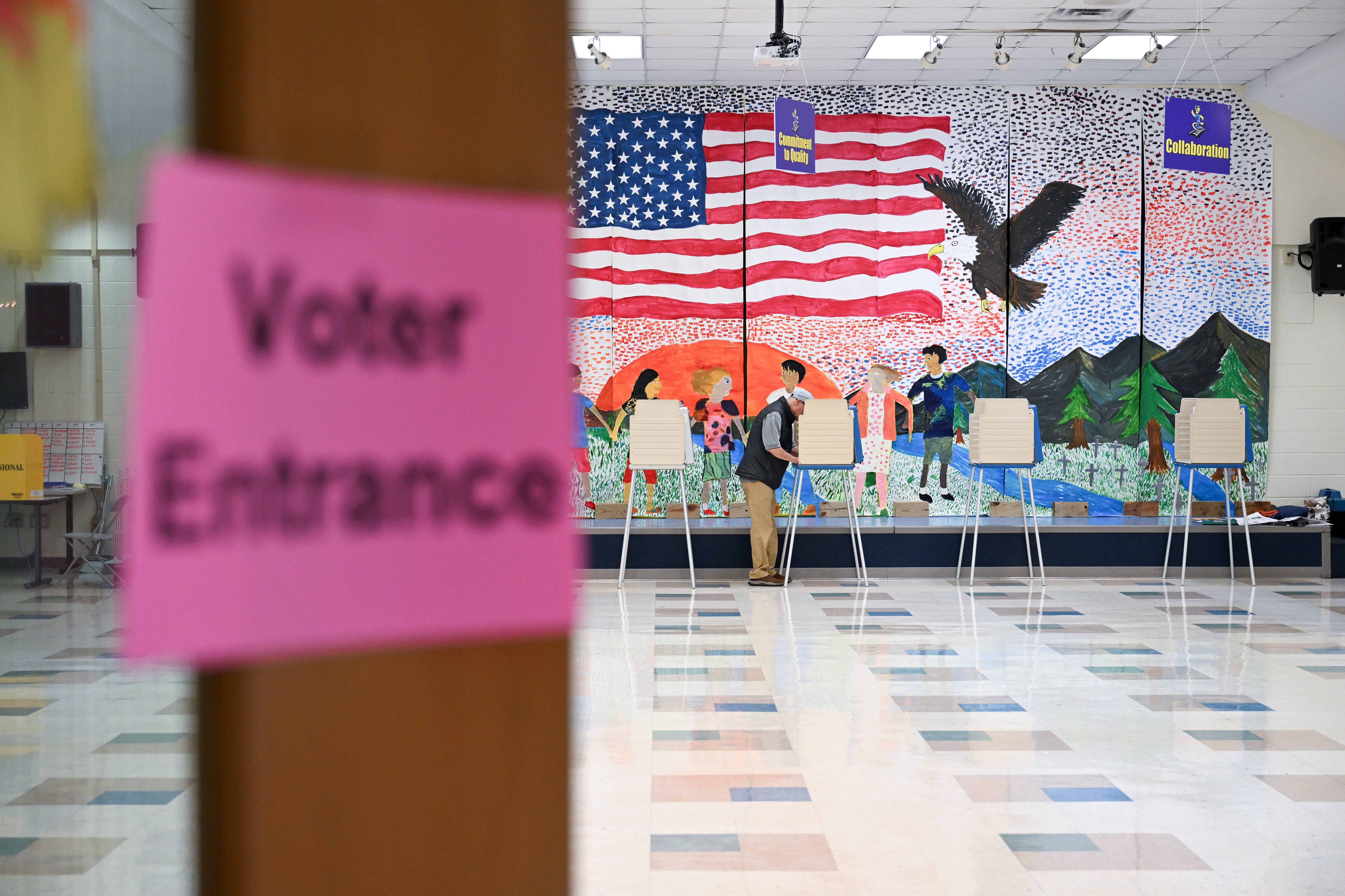 A person votes at Robious Elementary School during Virginia elections on Nov. 4, 2025, in Midlothian, Virginia. (Matt McClain/The Washington Post)