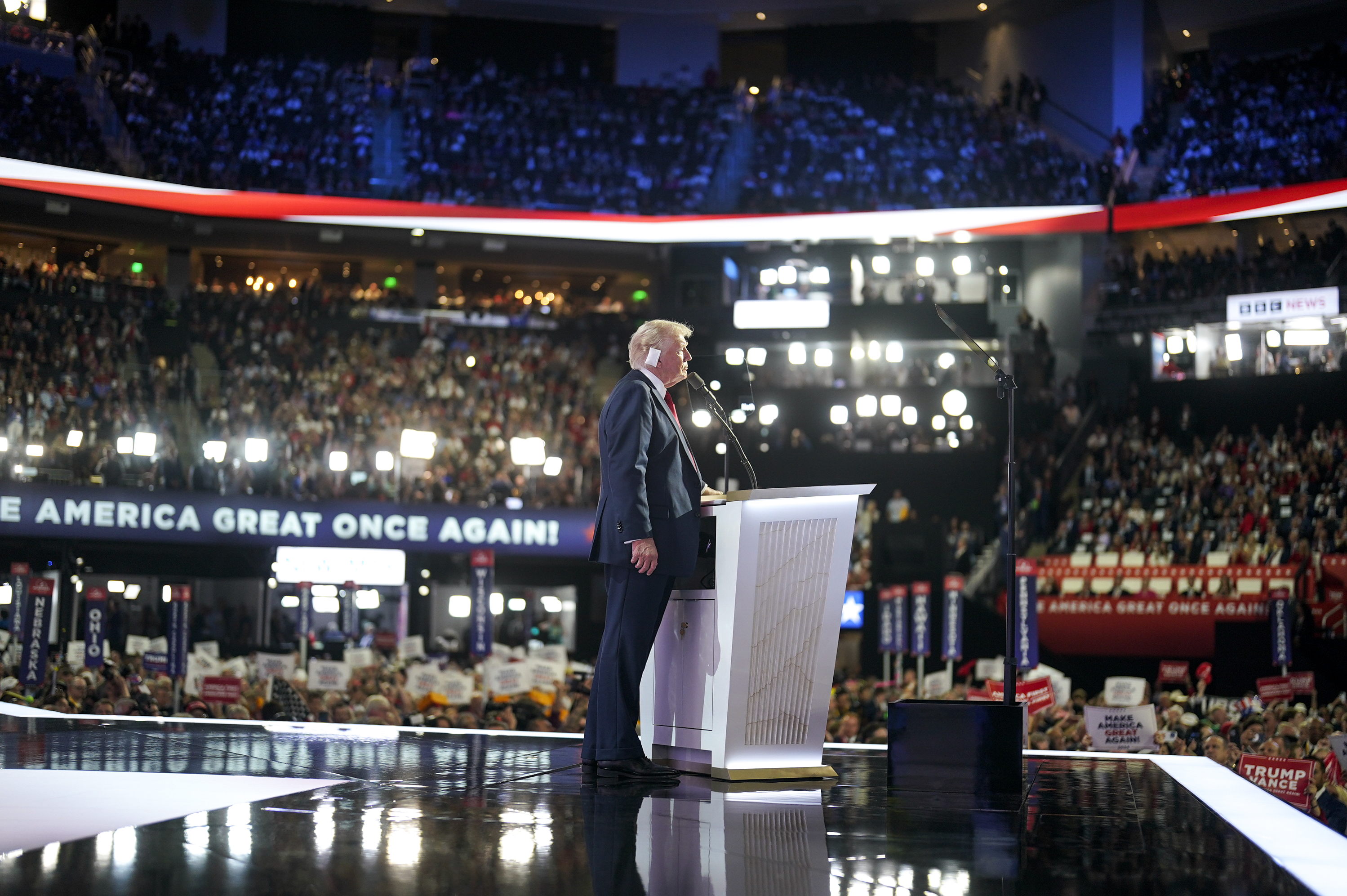 Donald Trump delivers a speech at the Republican National Convention in Milwaukee in 2024 in his effort to win back the presidency. (Jabin Botsford/The Washington Post)