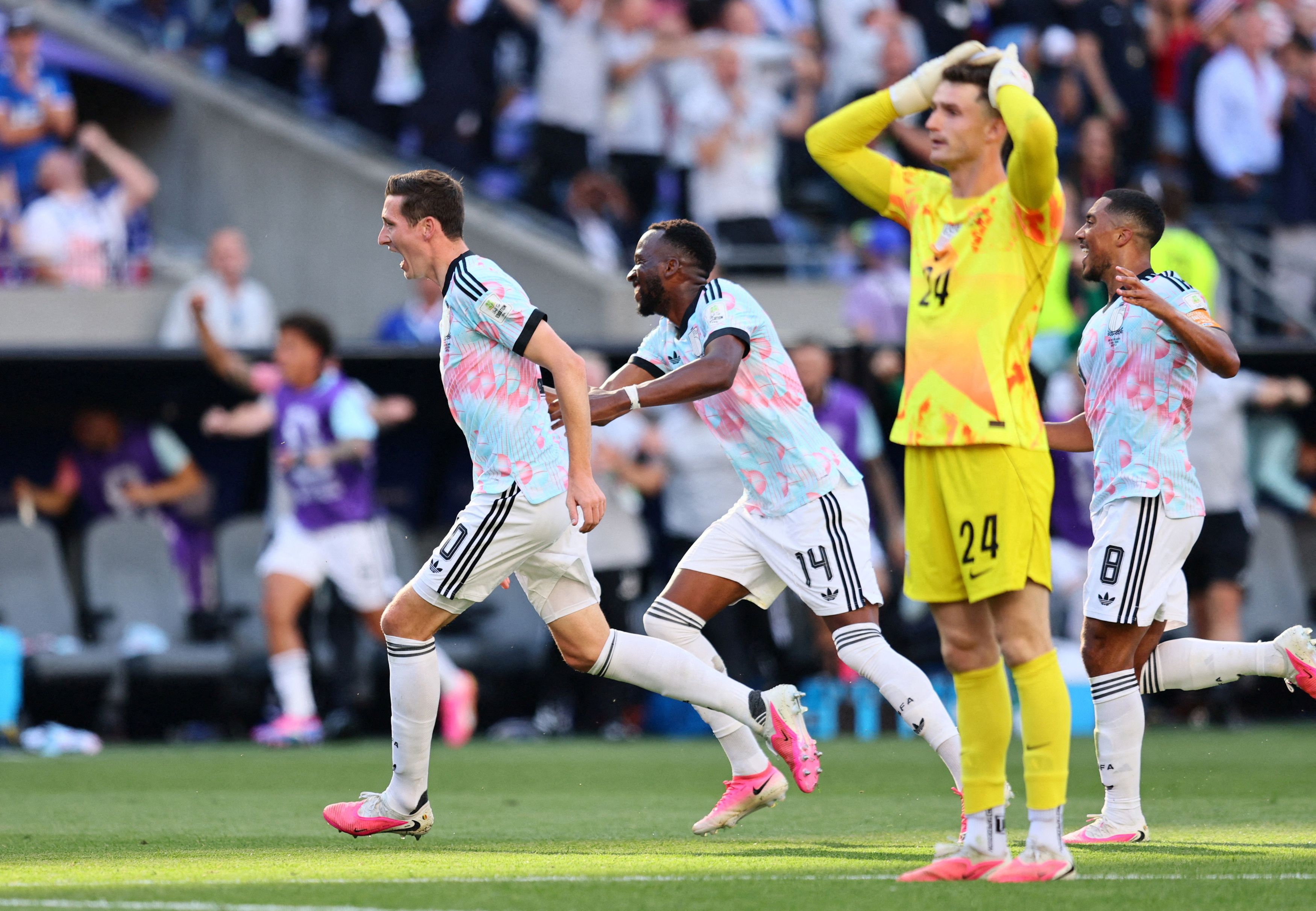 Keeper Matt Freese stands in disbelief after Belgium’s third goal. (Blake Dahlin/Imagn Images/Reuters)