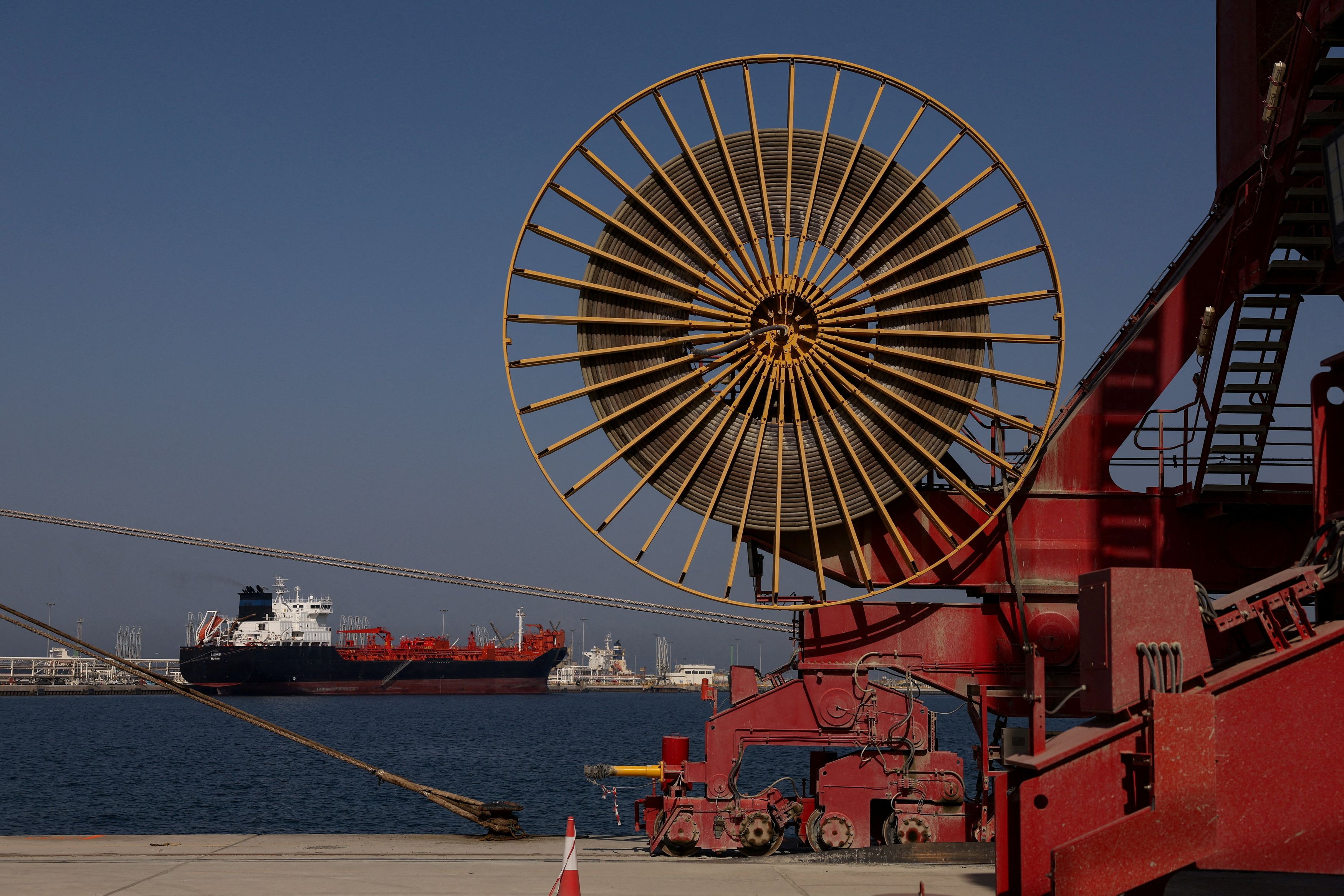 An oil tanker docked at the port of Fujairah, United Arab Emirates, on Wednesday as the Iran war limits traffic in the Strait of Hormuz. (Amr Alfiky/Reuters)