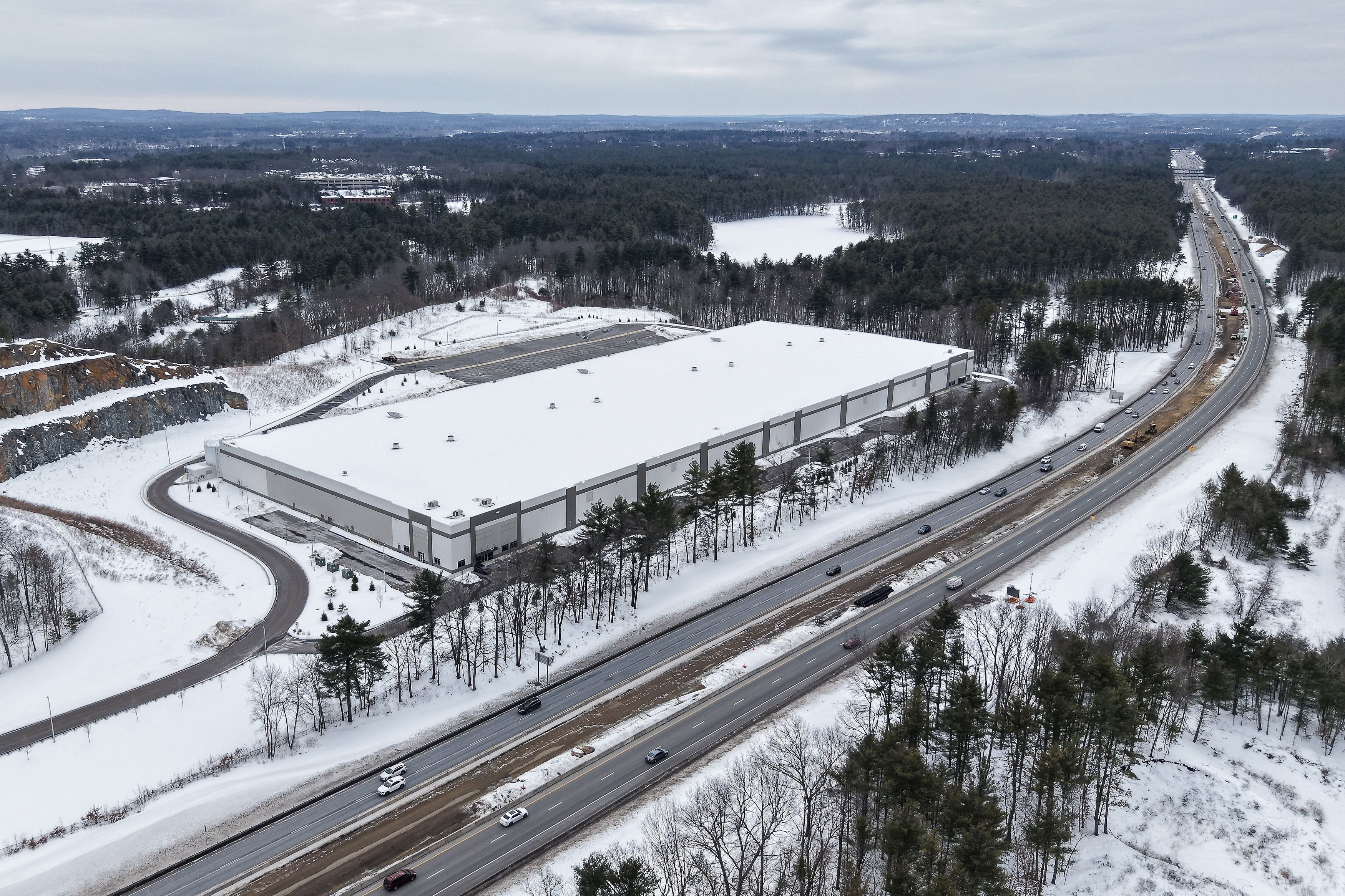 A drone view of a warehouse in Merrimack, New Hampshire, that U.S. Immigration and Customs Enforcement plans to convert into a regional processing center for immigration detainees, as seen on Feb. 14. (CJ Gunther/Reuters)