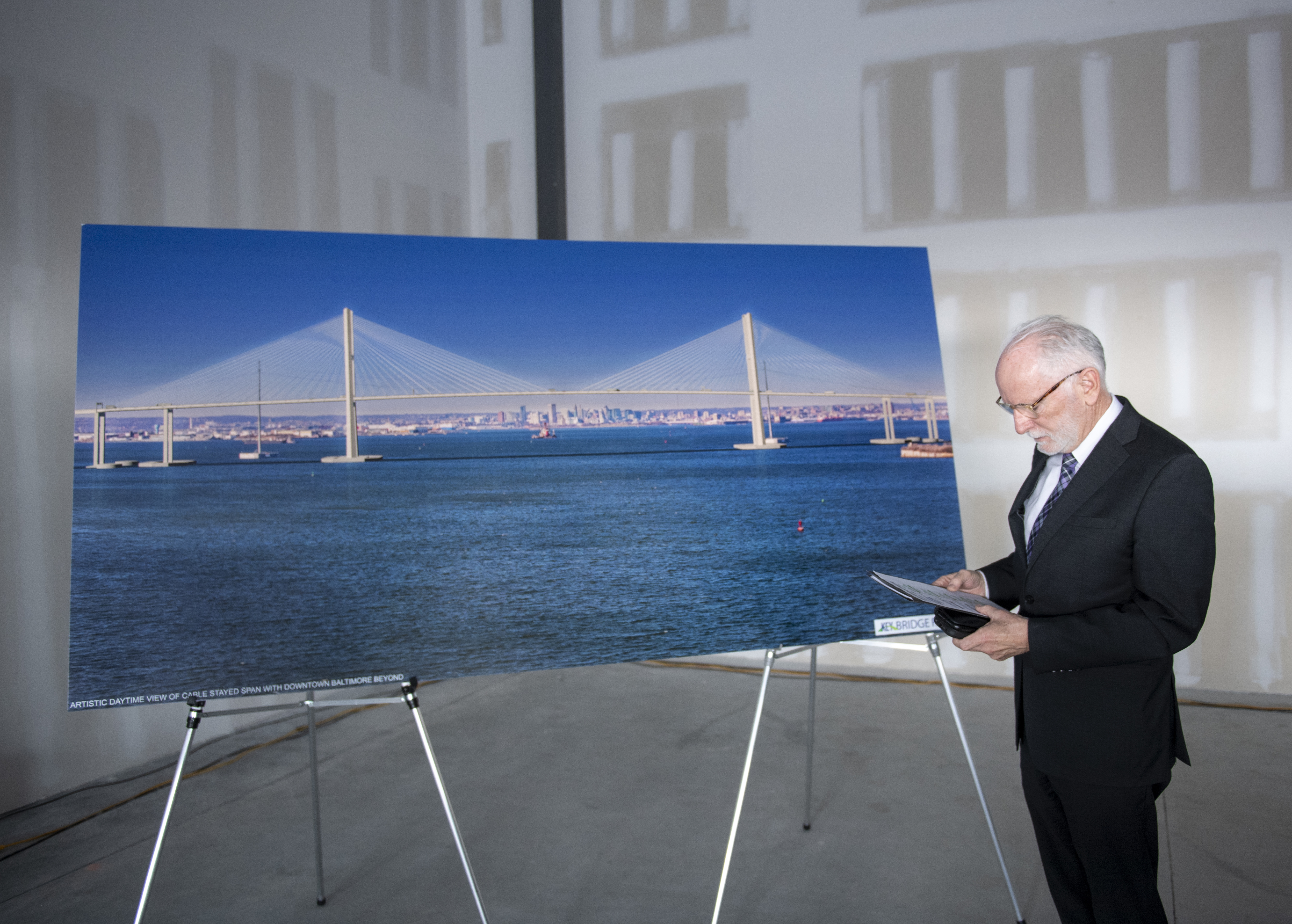 Paul J. Wiedefeld, then Maryland's secretary of transportation, prepares to unveil the new Key Bridge design in February 2025. (Jonathan Newton/For The Washington Post)
