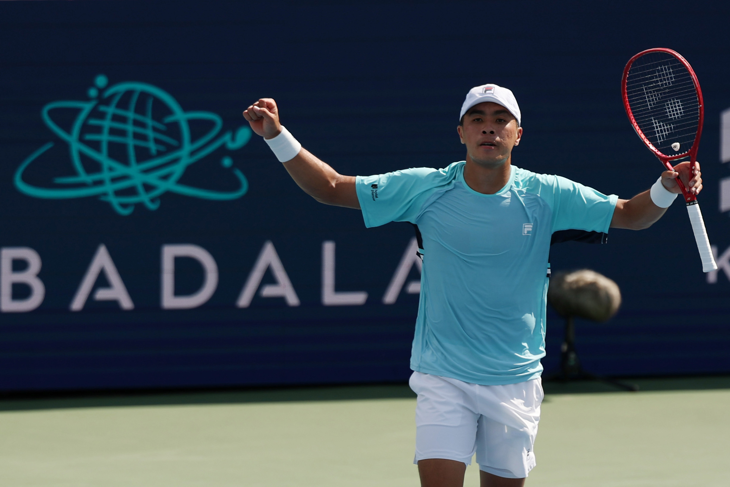 Brandon Nakashima celebrates his straight-set victory over top-seeded Alex de Minaur in the quarterfinals of the DC Open on Friday.