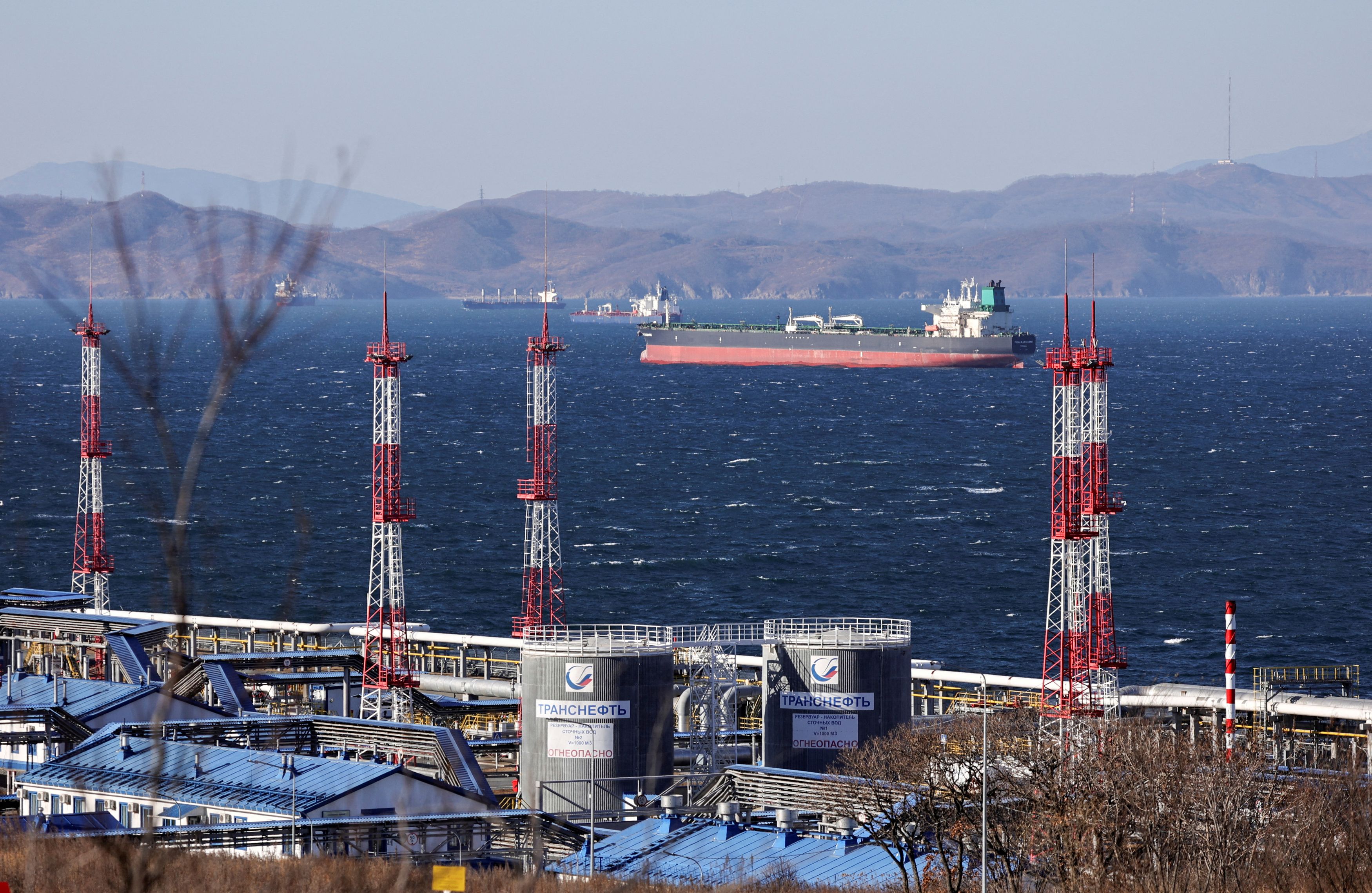 Fuga Bluemarine crude oil tanker is anchored in Nakhodka Bay near the port city of Nakhodka, Russia, in December 2022. (Tatiana Meel/Reuters)