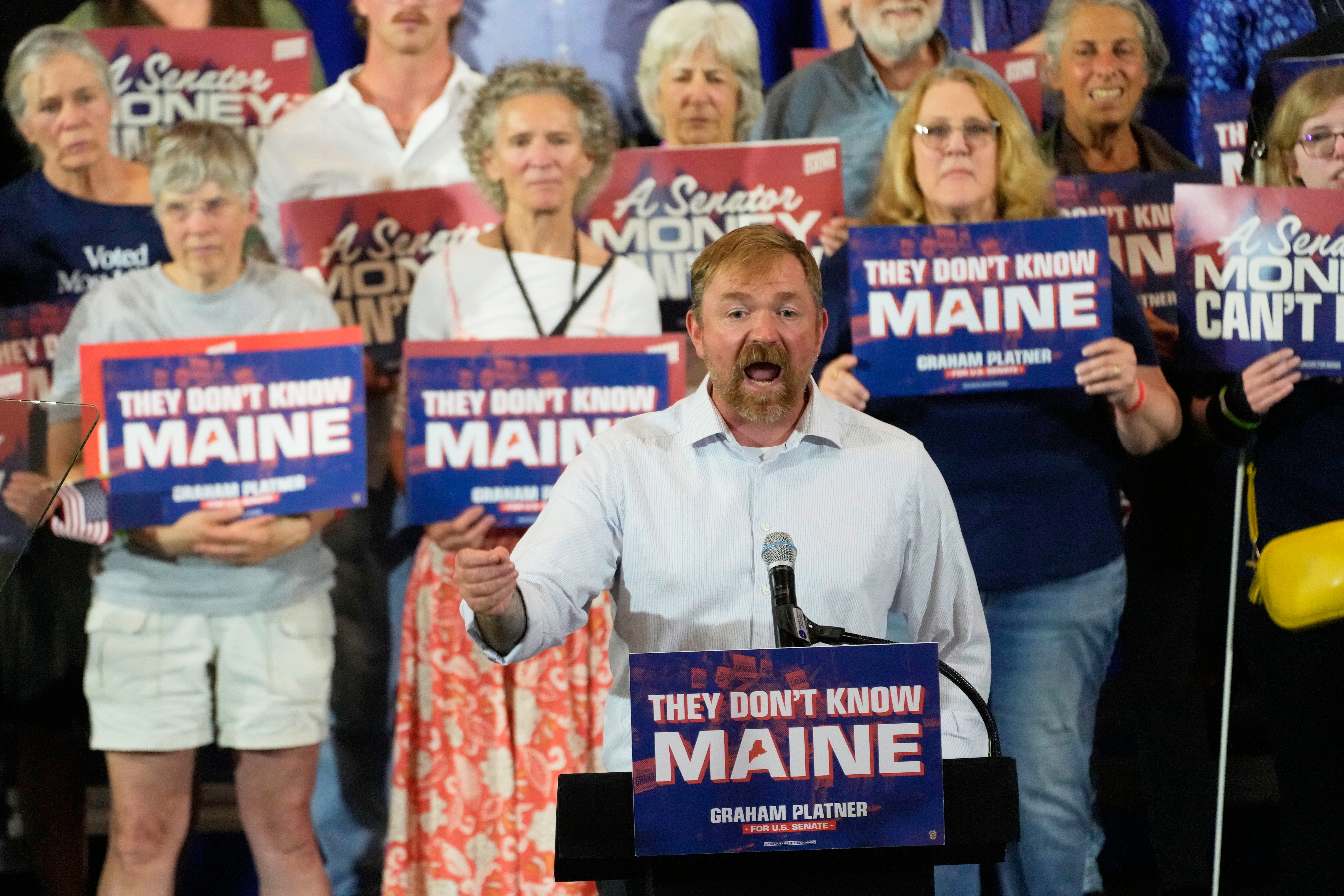 Senate candidate Graham Platner speaks after winning the Democratic nomination on June 9 in Blue Hill, Maine. (Robert F. Bukaty/AP)