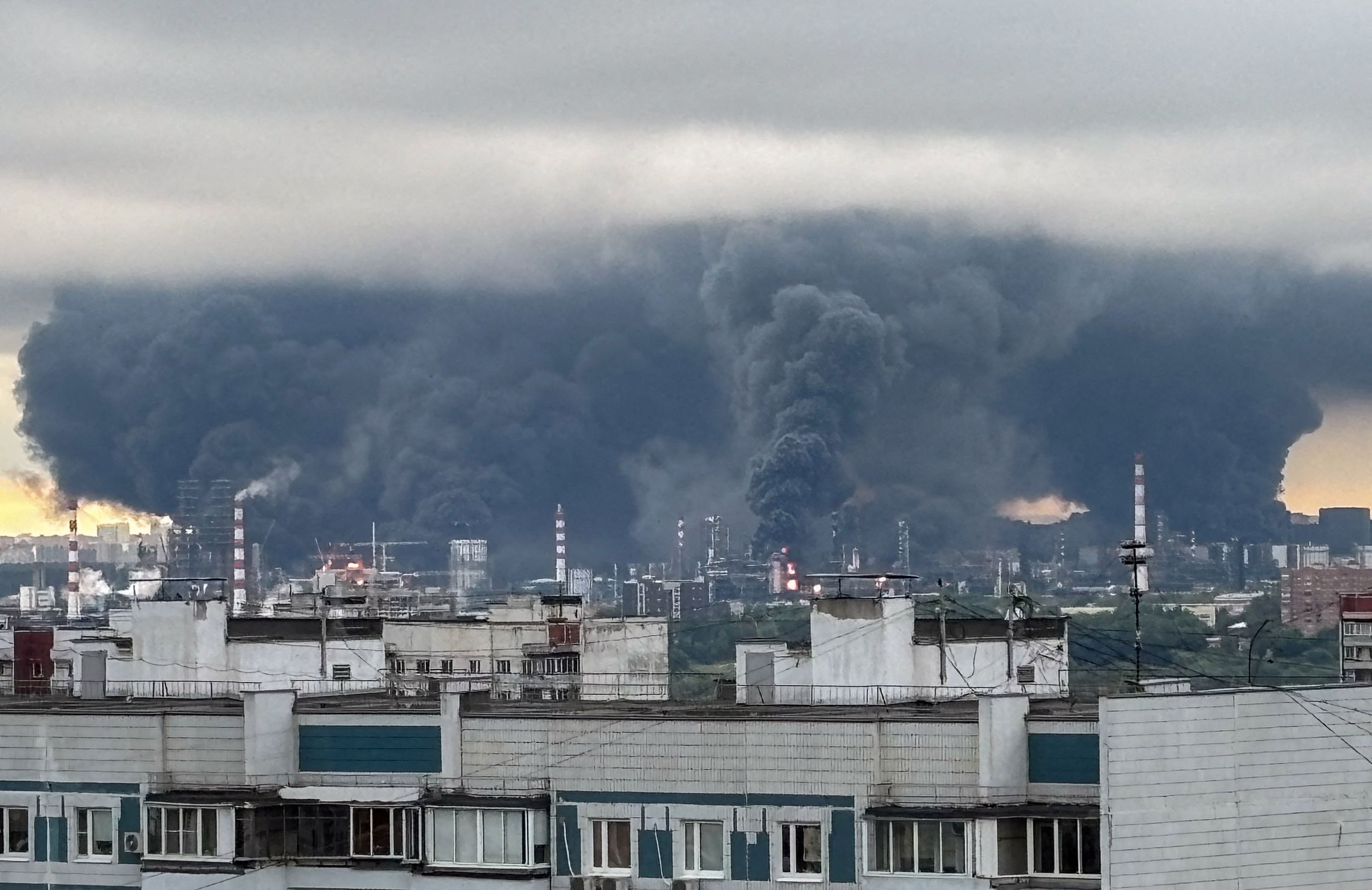 Smoke rises from an oil refinery following what the authorities say was a Ukrainian drone strike in Moscow. (Social media/Reuters)