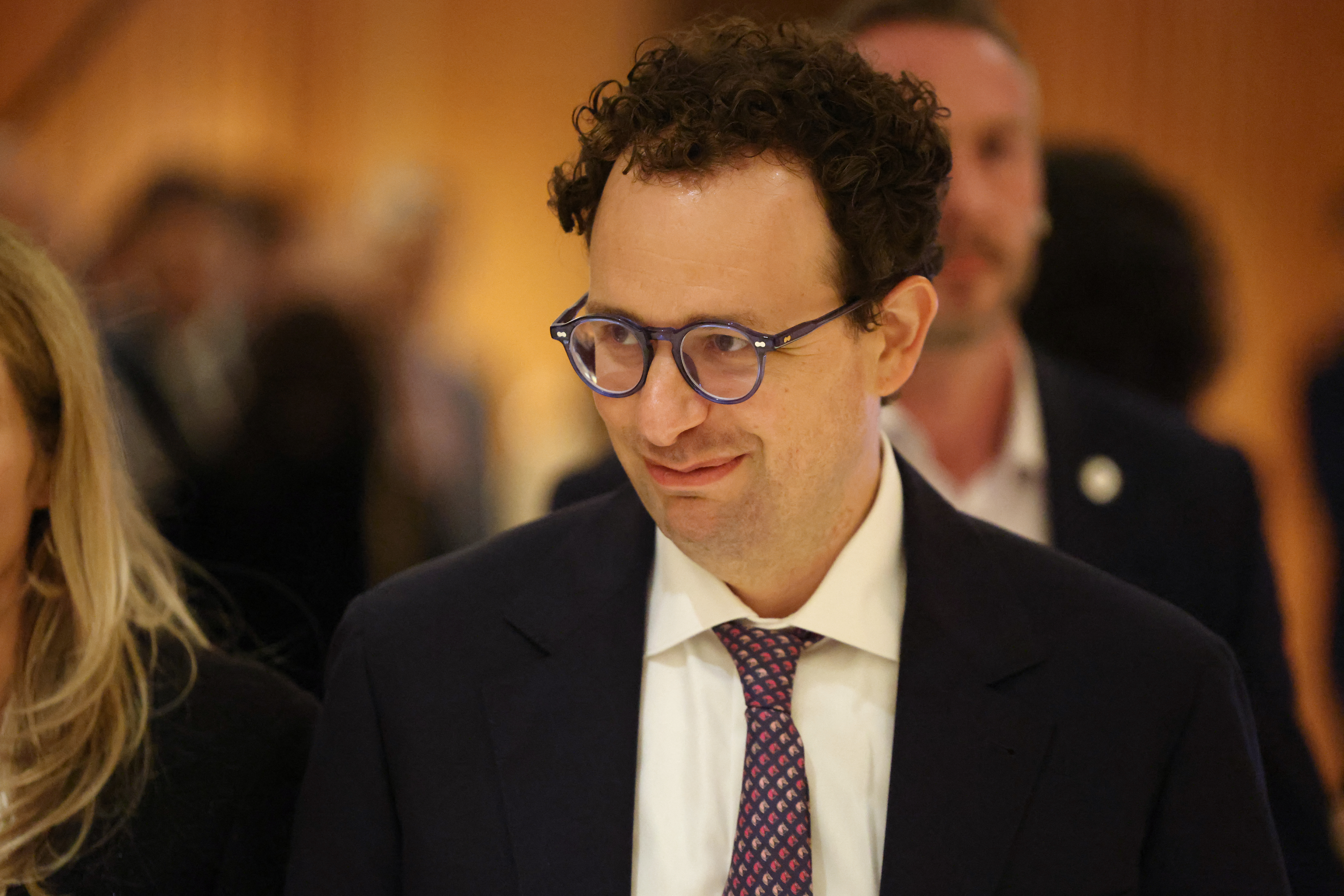 Anthropic CEO Dario Amodei during the AI Impact Summit in New Delhi on Feb. 19. (Ludovic Marin/AFP/Getty Images)