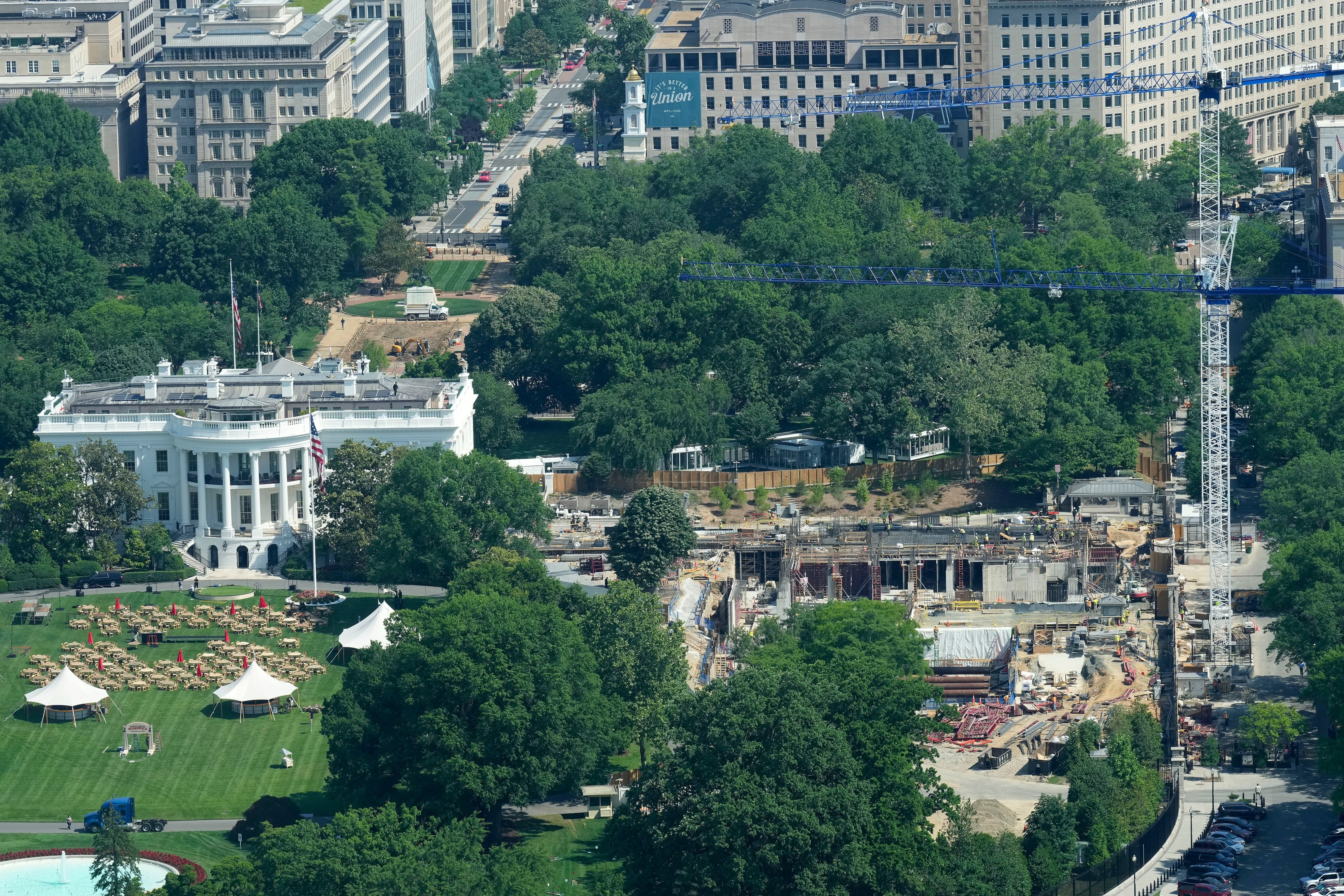 A view of the work last month to construct a ballroom where the East Wing of the White House once stood. (Alex Brandon/AP)
