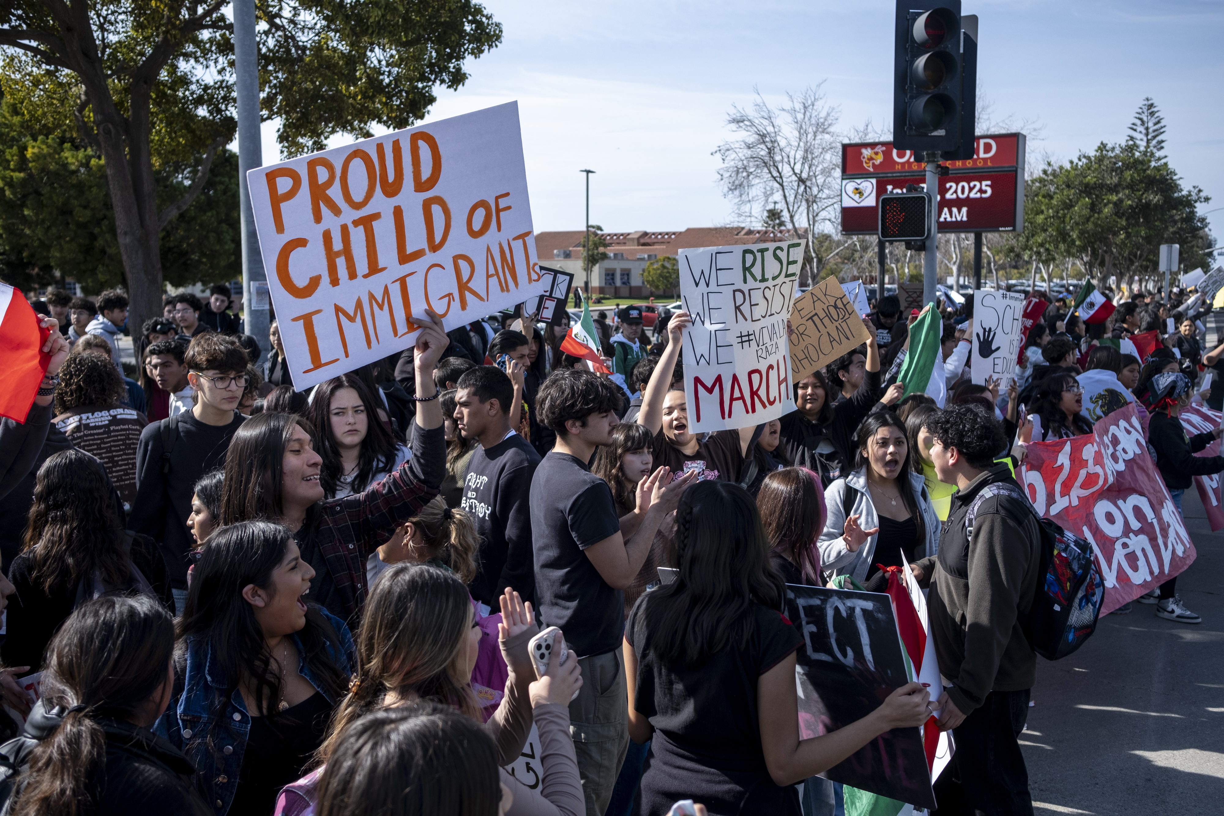 High school students in Oxnard, California, participate in a walkout on Jan. 31 to protest activities by U.S. Immigration and Customs Enforcement. (Joel Angel Juarez For The Washington Post)