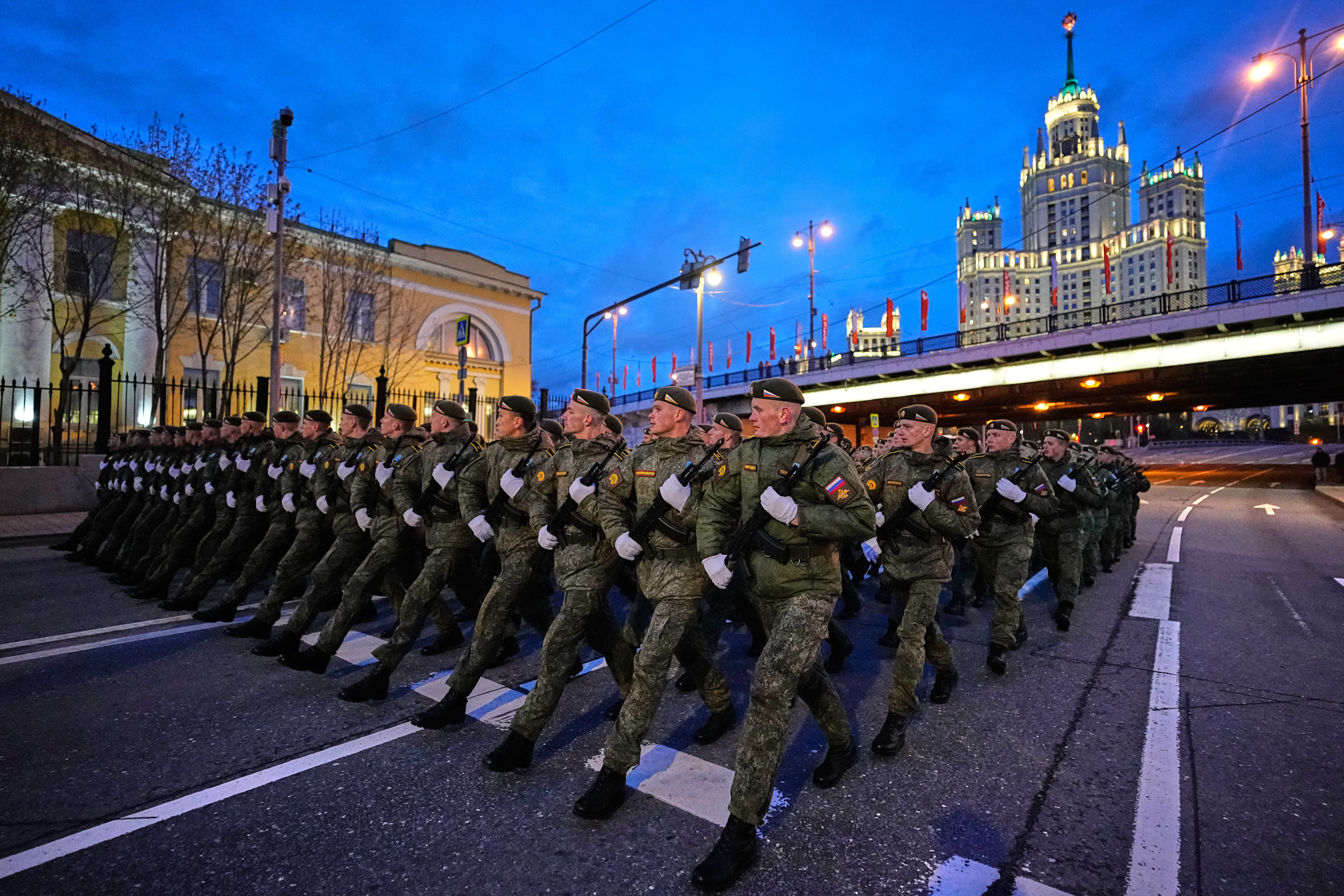 Russian troops march toward Red Square in a rehearsal for the Victory Day military parade. (Alexander Zemlianichenko/AP)