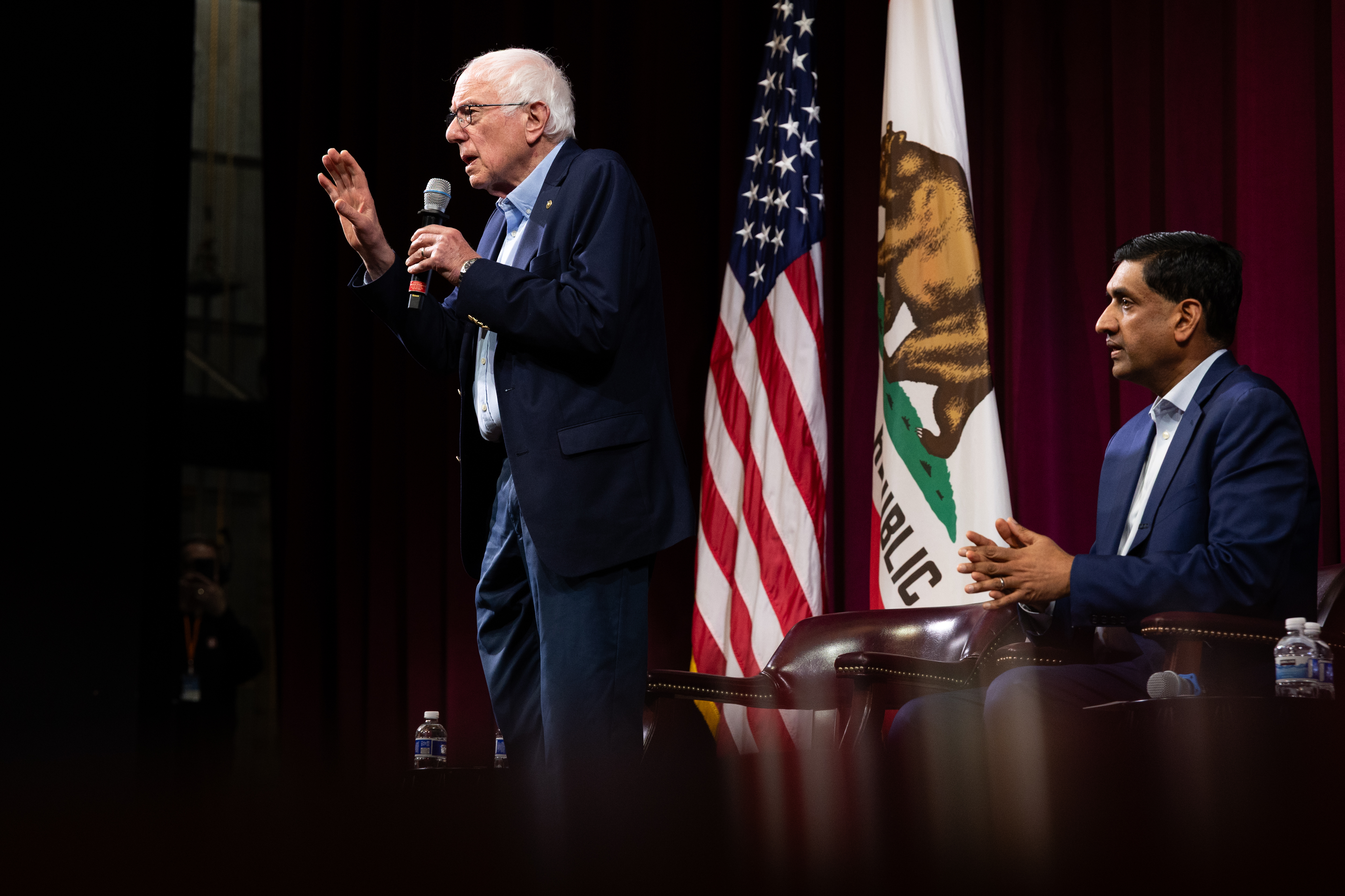 Sen. Bernie Sanders (I-Vermont) and Rep. Ro Khanna (D-California) at a town hall event in Stanford, California, on Feb. 20. (Benjamin Fanjoy/Getty Images)
