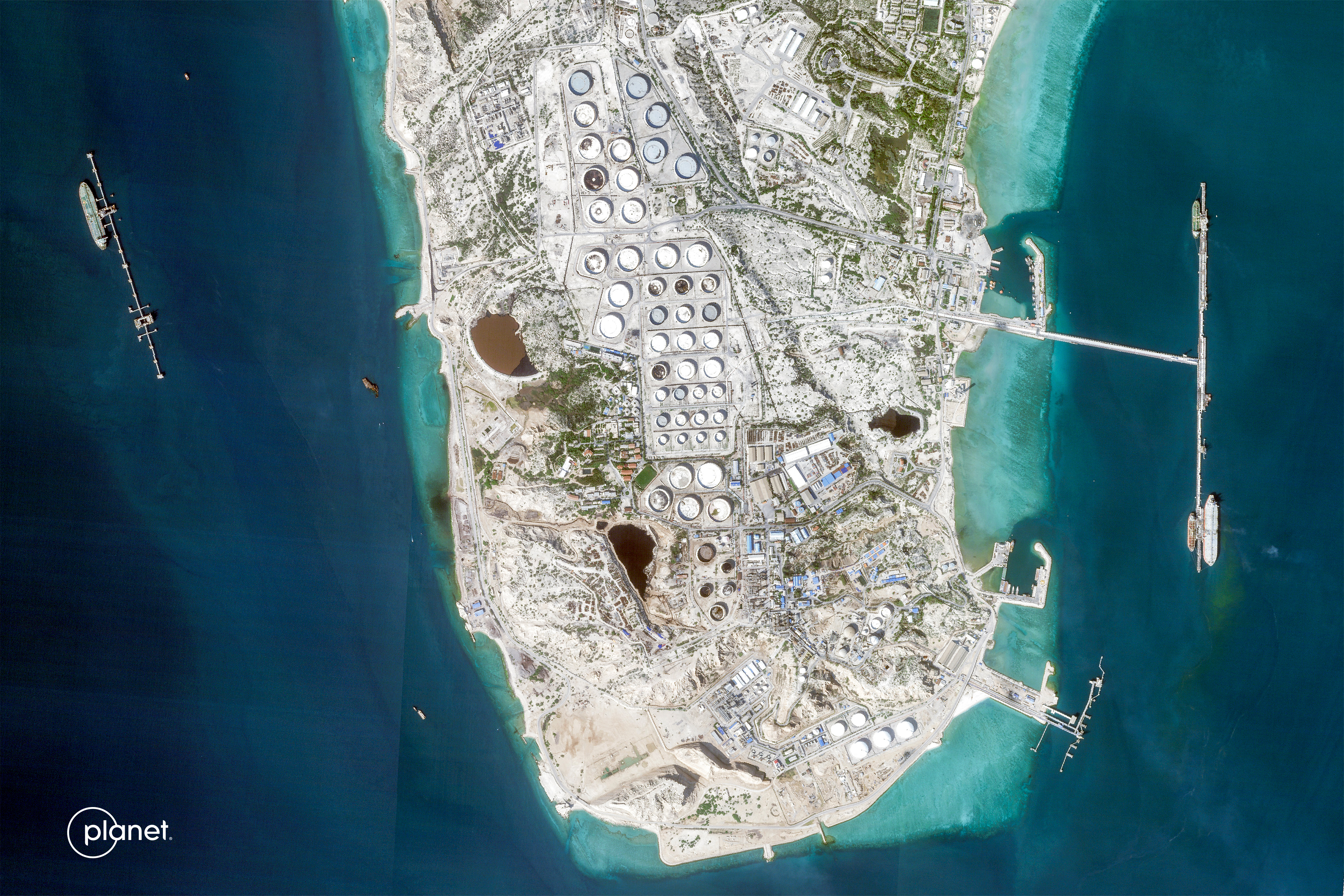A satellite image of Iran’s Kharg Island, which hosts the country’s main crude export terminal, on Feb. 22. (Planet Labs PBC/AFP/Getty Images)