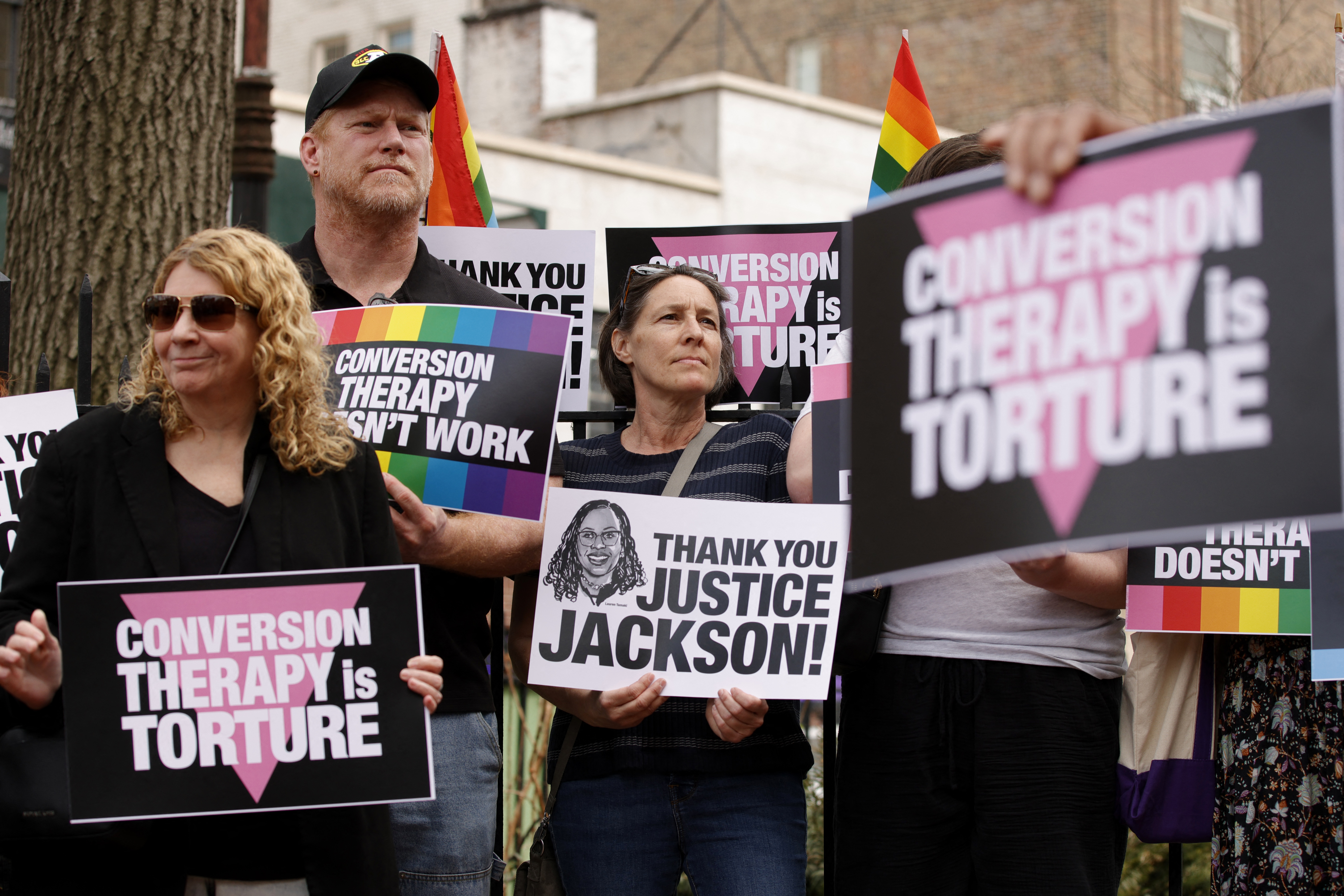 Demonstrators in New York rally this month in response to the U.S. Supreme Court's rejection of a Colorado law banning "conversion therapy" for LGBTQ children. (Leonardo Munoz/AFP/Getty Images)