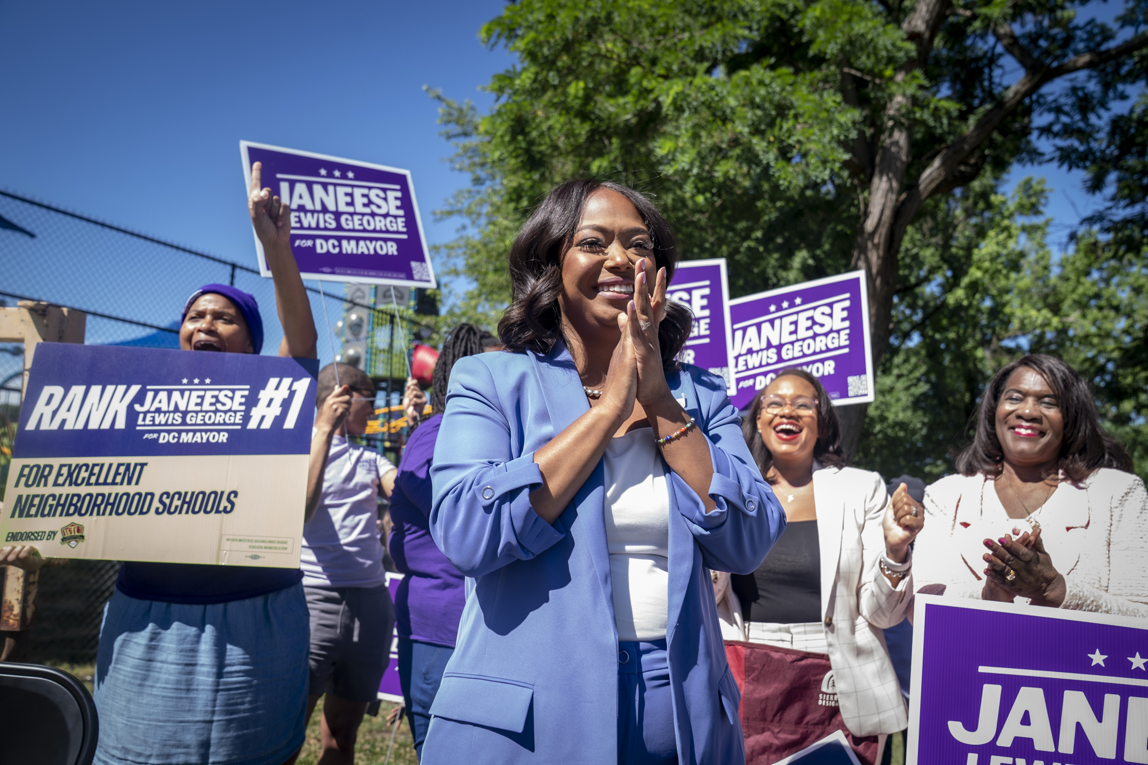 Volunteers for Democratic mayoral candidate Janeese Lewis George continue to campaign for her at the Benning Stoddert Recreation Center on Tuesday. (Maxine Wallace/The Washington Post)