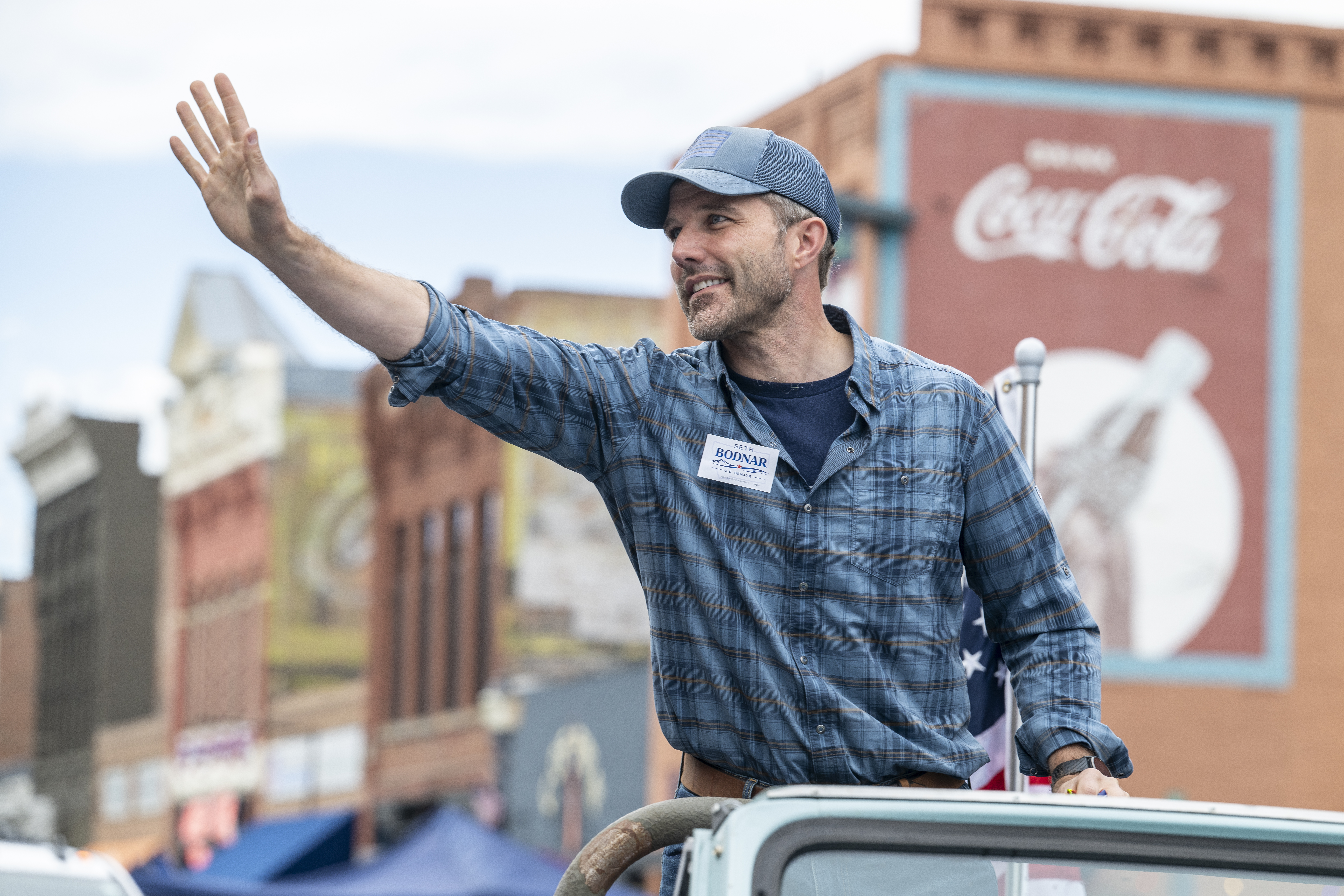 Seth Bodnar, the independent candidate for Montana’s open Senate seat, during a parade in Livingston, Montana, on July 2. (William Campbell/Getty Images)