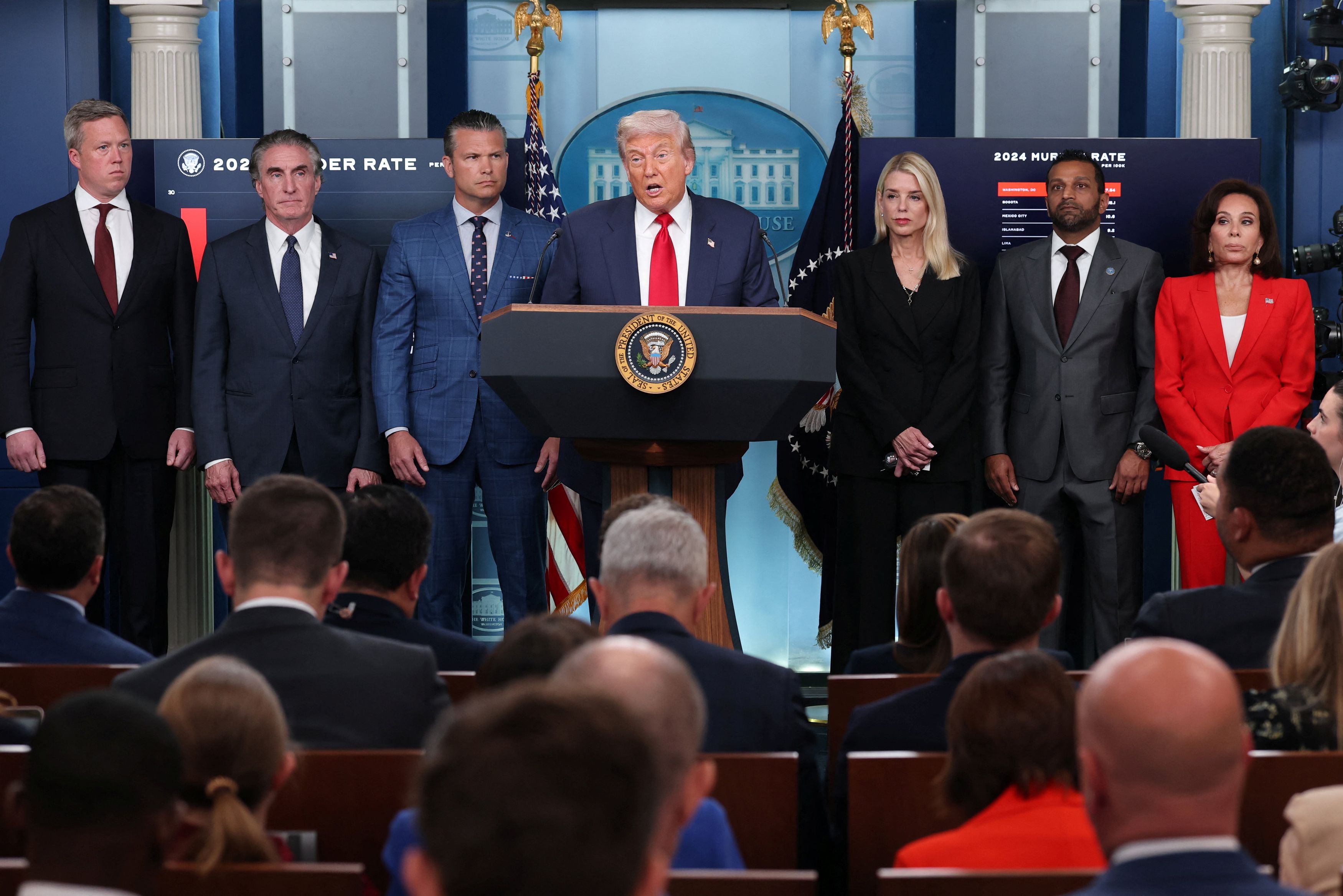 President Donald Trump discusses deploying federal law enforcement agents in Washington in August 2025. (Jonathan Ernst/Reuters)