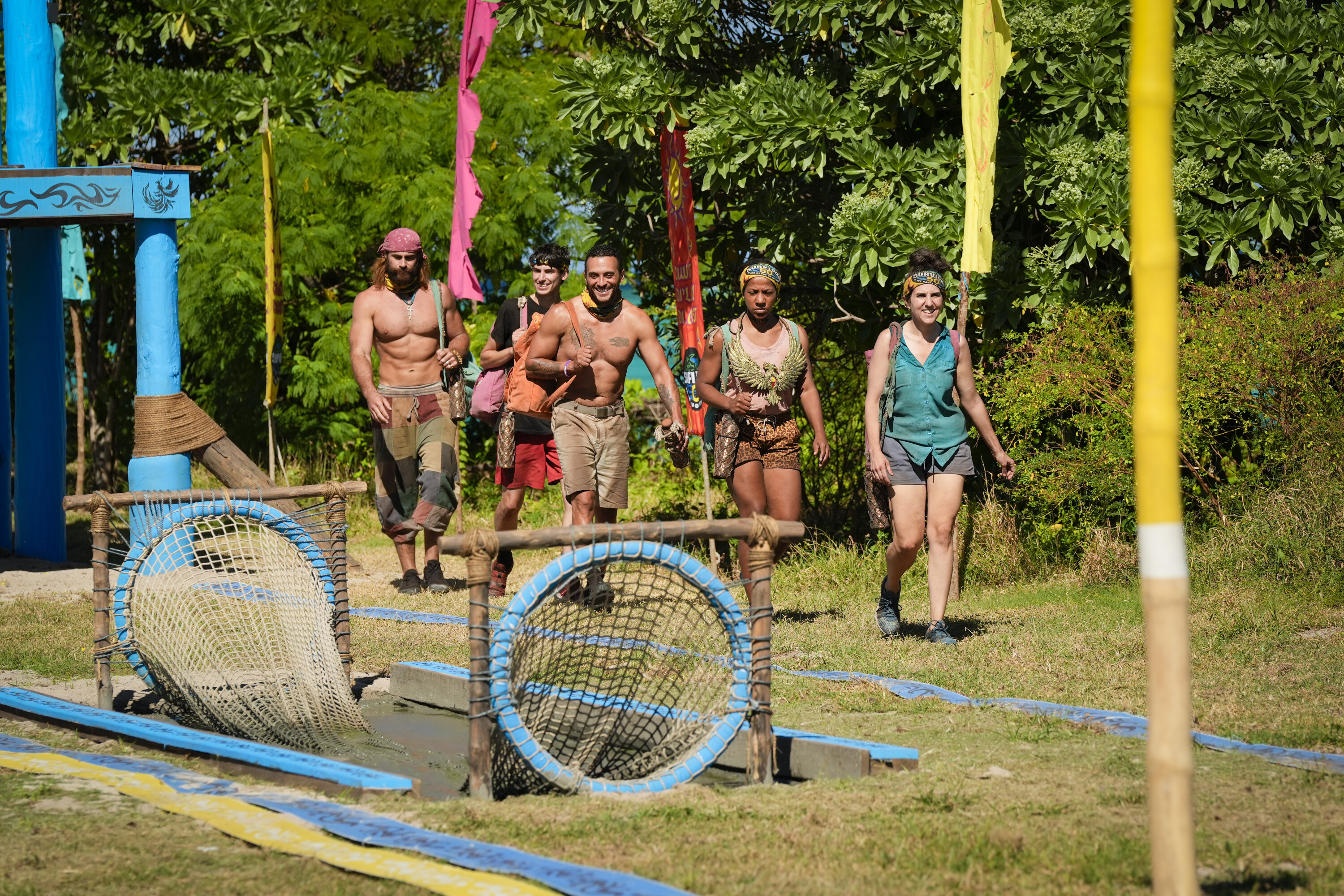 From left, Jonathan Young, Rizo Velovic, Joe Hunter, Tiffany Ervin and Aubry Bracco in the finale of “Survivor 50.” (Robert Voets/CBS)