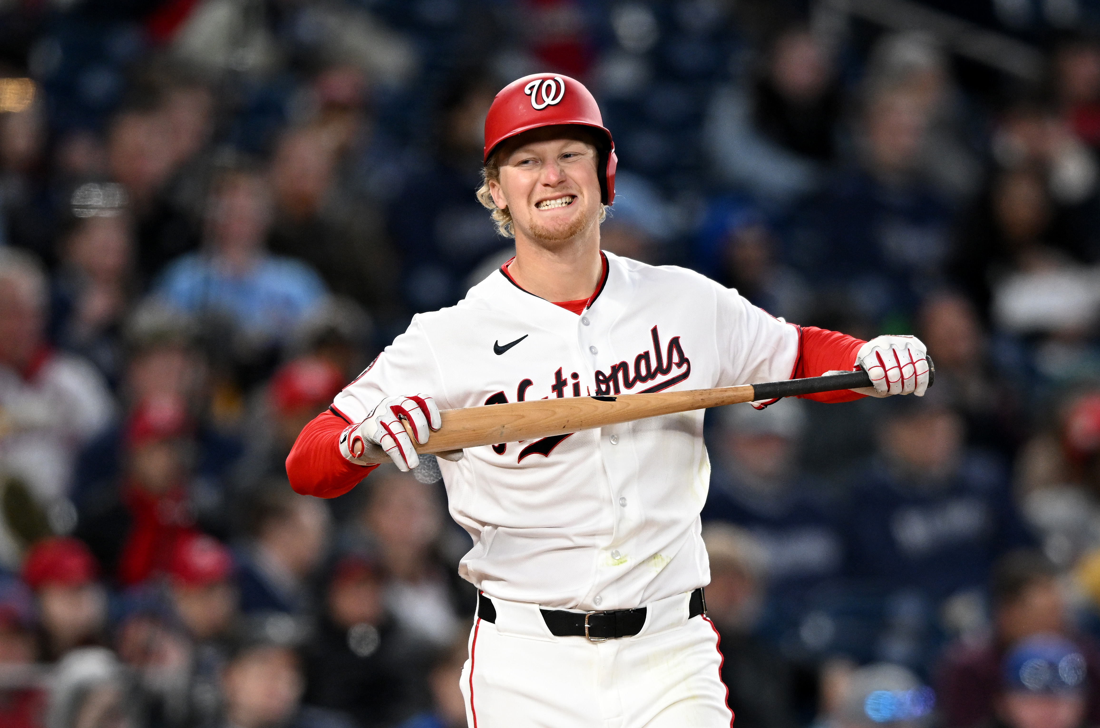 Joey Wiemer of the Washington Nationals reacts after striking out in the third inning against the St. Louis Cardinals on Tuesday at Nationals Park. (Greg Fiume/Getty Images)