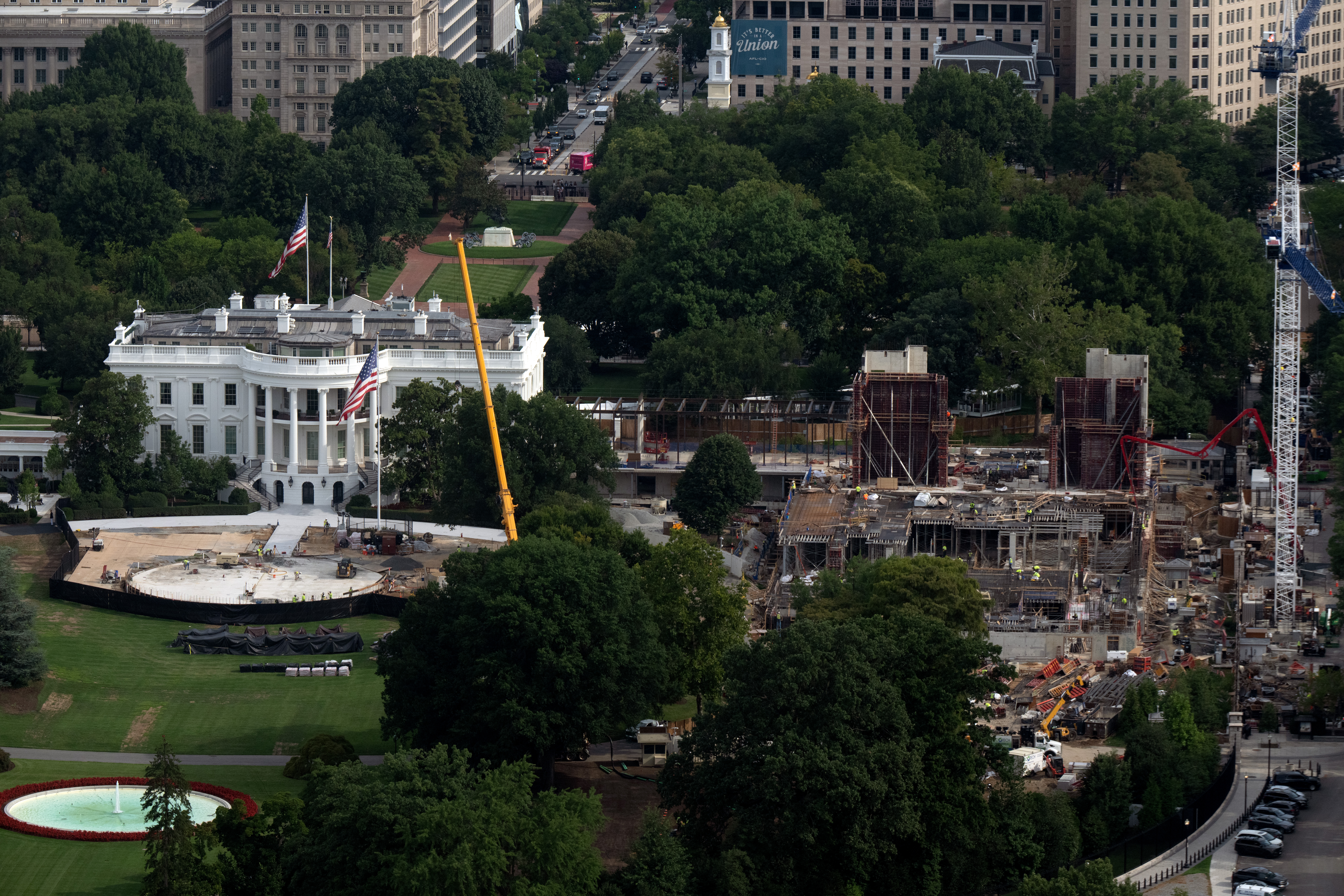 At right, seen this month, the former site of the White House's East Wing, where President Donald Trump wants a ballroom built. (Peter W. Stevenson/The Washington Post)