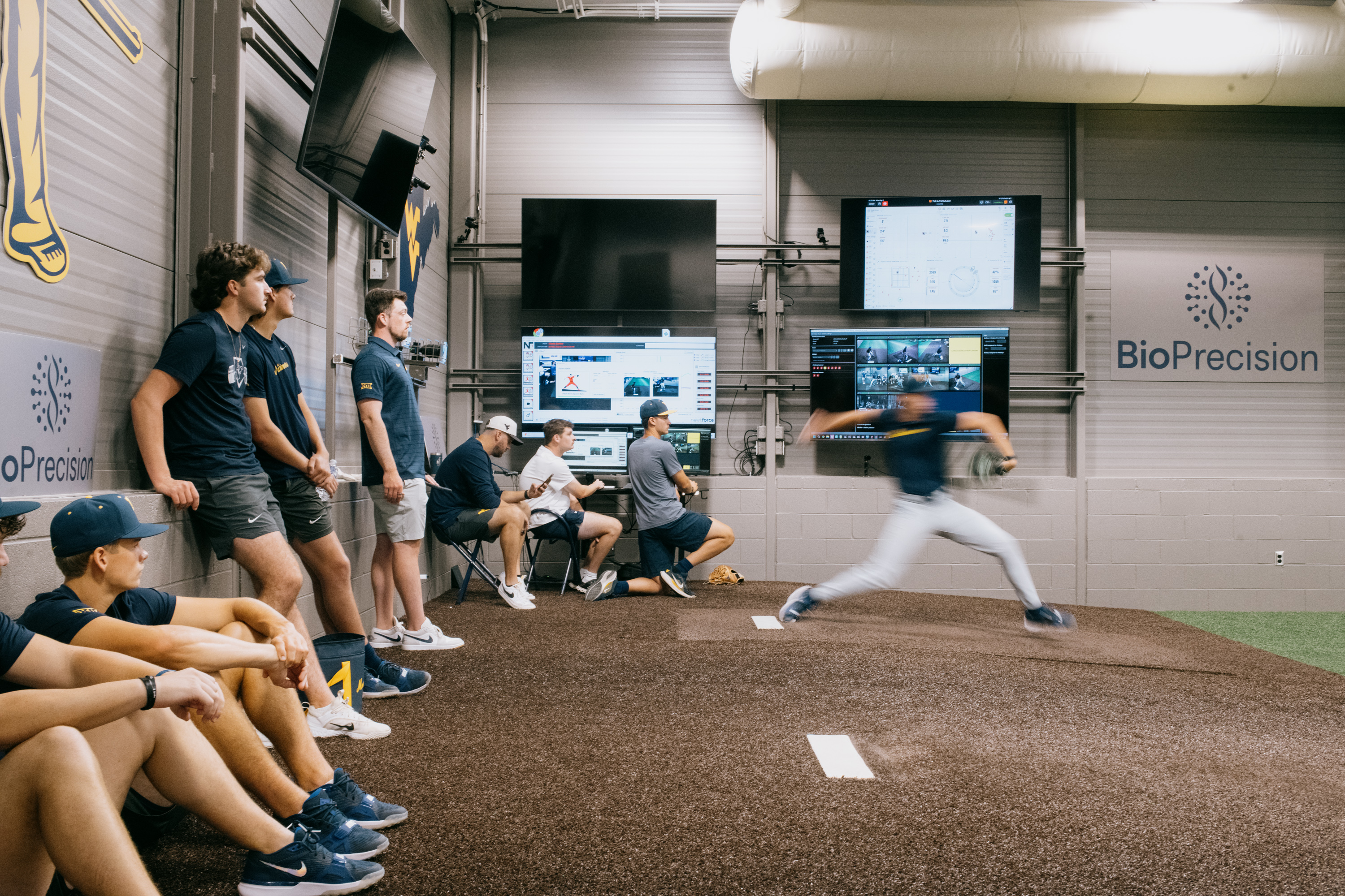 West Virginia right-hander Slade Barton undergoes a pitching assessment at the school's biomechanics performance center. (Kristian Thacker/For The Washington Post)